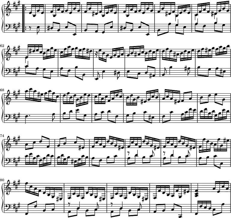 \version "2.18.2"
\header {
  tagline = ##f
  % composer = "Paradisi"
  % opus = ""
  % meter = "Allegro"
}
%% les petites notes
%trillBesp     = { \tag #'print { bes4.\prall } \tag #'midi { c32 bes c bes~ bes4 } }
upper = \relative c'' {
  \clef treble 
  \key a \major
  \time 2/4
  \tempo 4 = 122
  \set Staff.midiInstrument = #"harpsichord"
  \override TupletBracket.bracket-visibility = ##f
  \set Score.currentBarNumber = #57
  \omit Staff.TimeSignature
\bar "" \bar ".|:"
      \partial 4      e,16 b gis' e | fis b, a' fis gis e b' gis | fis b dis, fis b, e gis e | fis b, a' fis gis e b' gis | fis b dis, fis << { b, e gis e } \\ { b4 } >>
      % ms. 62
      << { cis16 fis a fis dis gis b gis | e dis' e cis } \\ { cis,4 dis | e } >> b'16 e gis e | cis fis a fis gis e fis dis | r16 e16 b gis e gis fis a |
      % ms. 66
      gis16 b ais cis b d cis e | d fis d ais b d cis e | d fis eis gis fis a gis b | a cis a eis fis a fis cis |
      % ms. 70
      d fis b, d  gis, b e d | cis e a, cis fis, a d cis | b d gis, b eis, gis cis b | a cis a eis fis8 a |
      % ms. 74
      b8 d e gis, | a cis d fis, | gis b cis eis, | fis16 cis' a fis d' b gis eis |
      % ms. 78
      \repeat unfold 2 { fis16 cis' a fis d' b gis eis } | fis fis' d b a fis' gis, eis' | fis cis a fis d b gis eis |
      % ms. 82
      \repeat unfold 2 { fis16 cis' a fis d' b gis eis } | fis fis' d b a fis' gis, eis' | < a, cis fis >4 a'16 e cis' a |
}
lower = \relative c' {
  \clef bass
  \key a \major
  \time 2/4
  \omit Staff.TimeSignature
  \set Staff.midiInstrument = #"harpsichord"
  \override TupletBracket.bracket-visibility = ##f
    % **************************************
      r8 e,8 | dis b e e, | b' a gis e' | dis b e e, | b' a' << { gis4 } \\ { gis8 e } >>
      % ms. 62
      << { a4 b | cis } \\ { a8 fis b gis | cis a } >> gis8 e | a fis b b, | e,8 e'4 dis8 |
      % ms. 66
      e8 cis d ais | b b'4 ais8 | b gis a eis | fis4. a8 |
      % ms. 70
      b8 d e gis, | a cis d fis, | gis b cis eis, | fis cis' a16 cis fis e |
      % ms. 74
      d16 fis b, d gis, b e d | cis e a, cis fis, a d cis | b d gis, b eis, gis cis b | a8 fis b cis |
      % ms. 78
      \repeat unfold 2 { << { r8 d4 cis8 } \\ { a8 d b cis } >> } | a8 b cis cis, | fis, fis' b, cis |
      % ms. 82
      \repeat unfold 2 { << { r8 d4 cis8 } \\ { a8 d b cis } >> } | a8 b cis cis, | fis16 fis' e d cis8 a' |
}
thePianoStaff = \new PianoStaff <<
    \set PianoStaff.instrumentName = #""
    \new Staff = "upper" \upper
    \new Staff = "lower" \lower
  >>
\score {
  \keepWithTag #'print \thePianoStaff
  \layout {
    indent = #0
      #(layout-set-staff-size 17)
    \context {
      \Score
     \override SpacingSpanner.common-shortest-duration = #(ly:make-moment 1/2)
      \remove "Metronome_mark_engraver"
    }
  }
}
\score {
  \keepWithTag #'midi \thePianoStaff
  \midi { }
}
