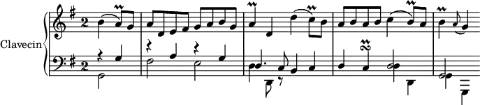 \version "2.18.2"
\header {
  tagline = ##f
}
Tremba    = { \tag #'print { a8\prall\) } \tag #'midi { b32 a b a } } % \Tremba
Trembaq   = { \tag #'print { a4\prall\) } \tag #'midi { b32 a b a~ a8 } } % \Trembaq
Trembc    = { \tag #'print { c8\prall\) } \tag #'midi { d32 c d c } } % \Trembc
Trembb    = { \tag #'print { b8\prall\) } \tag #'midi { c32 b c b } } % \Trembb
Trembbq   = { \tag #'print { b4\prall\) } \tag #'midi { c32 b c b~ b8 } } % \Trembbq
Trembturn = { \tag #'print { c4\turn\prall } \tag #'midi { b32 c d b16 c32 b c } }
upper = \relative c'' {
  \clef treble  
  \key g \major
  \time 2/2
  \override Staff.TimeSignature.style = #'single-digit
  \tempo 2 = 72
  \set Staff.midiInstrument = #"harpsichord"
  \partial 2
  b4\( \Tremba  g8 a d, e fis g a b g | \Trembaq d,4 d'\( \Trembc b8 a b a b c4\( \Trembb  a8 \Trembbq \appoggiatura a8( g4)
}
lower = \relative c {
  \clef bass
  \key g \major
  \time 2/2
  \override Staff.TimeSignature.style = #'single-digit
  \set Staff.midiInstrument = #"harpsichord"
    
   << { r4 g'4 r4 a4 r4 g4 d4. c8 b4 c d \Trembturn d2 g,2 } \\ { g2 fis' e d4 d,8 r8 s1 d'4 d, g g, } >>
} 
thePianoStaff = \new PianoStaff <<
    \set PianoStaff.instrumentName = #"Clavecin"
    \new Staff = "upper" \upper
    \new Staff = "lower" \lower
  >>
\score {
  \keepWithTag #'print \thePianoStaff
  \layout {
    \context {
      \Score
      \remove "Metronome_mark_engraver"
    }
  }
}
\score {
  \keepWithTag #'midi \thePianoStaff
  \midi { }
}
