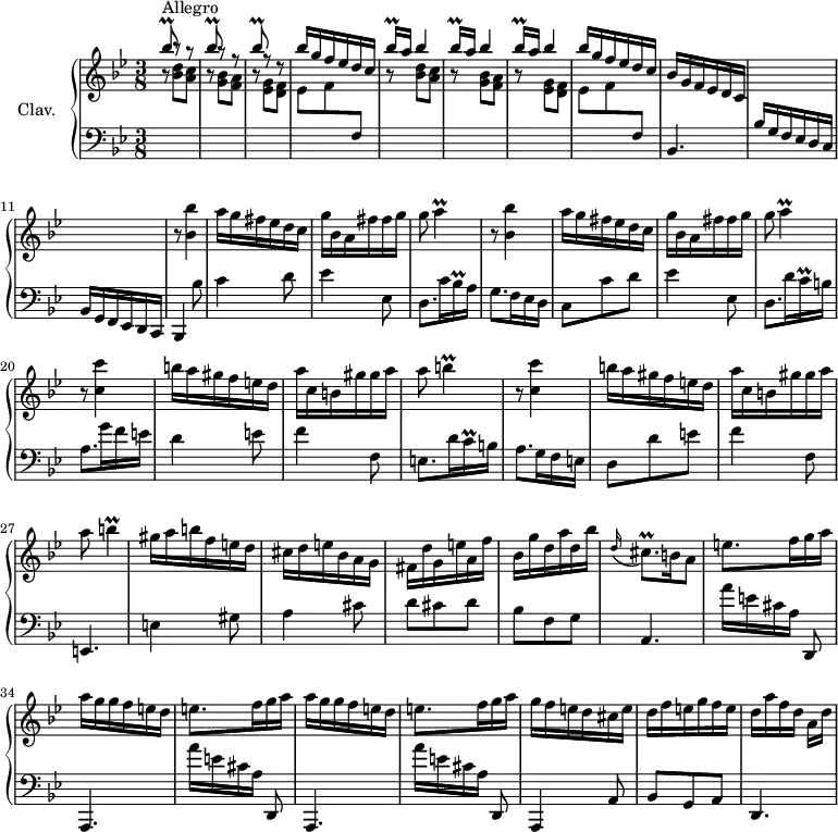 
\version "2.18.2"
\header {
  tagline = ##f
  % composer = "Domenico Scarlatti"
  % opus = "K. 442"
  % meter = "Allegro"
}

%% les petites notes
trillBesqUp     = { \tag #'print { bes'8\prall } \tag #'midi { c32 bes c bes } }
trillBesqqUp    = { \tag #'print { bes'16\prall } \tag #'midi { \times 2/3 { bes32 c bes } } }
trillBesqq      = { \tag #'print { bes16\prall } \tag #'midi { \times 2/3 { bes32 c bes } } }
trillA          = { \tag #'print { a4\prall } \tag #'midi { bes32 a bes a~ a8 } }
trillCqq        = { \tag #'print { c16\prall } \tag #'midi { \times 2/3 { c32 d c } } }
trillCisqp      = { \tag #'print { cis8.\prall } \tag #'midi { d32 cis d cis~ cis16 } }
trillB          = { \tag #'print { b4\prall } \tag #'midi { c32 b c b~ b8 } }
trillBLong      = { \tag #'print { b4\prall } \tag #'midi { c32 b c b~   \tempo 4. = 30 b8   \tempo 4. = 66 } }

upper = \relative c'' {
  \clef treble 
  \key bes \major
  \time 3/8
  \tempo 4. = 66
  \set Staff.midiInstrument = #"harpsichord"
  \override TupletBracket.bracket-visibility = ##f

      s8*0^\markup{Allegro}
      \stemUp \repeat unfold 3 { \trillBesqUp r8 r8 } bes16 g f ees d c | \repeat unfold 3 { \trillBesqqUp a16 bes4 } |
      % ms. 8
      bes16  g f ees d c | bes16  g f ees d c | \stemUp  \change Staff = "lower" bes16  g f ees d c | s4.  \stemNeutral  \change Staff = "upper" 
      % ms. 12
      \repeat unfold 2 { r8 < bes'' bes' >4 | a'16 g fis ees d c | g' bes, a fis' fis g | g8 \trillA }
      % ms. 20
      r8 < c, c' >4 | b'16 a gis f e d | a' c, b gis' gis a | 
      % ms. 23
      a8 \trillB | r8 < c, c' >4 | b'16 a gis f e d | a' c, b gis' gis a | a8 \trillBLong
      % ms. 28
      gis16 a b f e d | cis d e bes a g | fis d' g, e' a, f' | bes, g' d a' d, bes' | \appoggiatura d,16 \trillCisqp b16 a8 | 
      % ms. 33
      \repeat unfold 2 { e'8. f16 g a | a g g f e d } | e8. f16 g a | g f e d cis e | d f e g f e | d[ a' f d] a d |

}

lower = \relative c' {
  \clef bass
  \key bes \major
  \time 3/8
  \set Staff.midiInstrument = #"harpsichord"
  \override TupletBracket.bracket-visibility = ##f

    % ************************************** \appoggiatura a16  \repeat unfold 2 {  } \times 2/3 { }   \omit TupletNumber 
      \repeat unfold 2 { \stemDown \change Staff = "upper" r8 < bes' d >8 < a c > | r8 < g bes >8 < f a > | r8 < ees g >8 < d f > | ees8 f \stemNeutral \change Staff = "lower" f, } |
      % ms. 9
      bes,4. | s4. | bes16 g f ees d c |
      % ms. 12
      bes4 bes''8 | c4 d8 | ees4 ees,8 | d8. c'16 \trillBesqq a16 | g8. f16 ees d  | c8 c' d |
      % ms. 18
      ees4 ees,8 | d8. d'16 \trillCqq b16 | a8. g'16 f e | d4 e8 | f4 f,8 |
      % ms. 23
      e8. d'16 \trillCqq b16 | a8. g16 f e | d8 d' e | f4 f,8 | e,4. | e'4 gis8 |
      % ms. 29
      a4 cis8 | d8 cis d | bes f g | a,4. | \repeat unfold 2 { a''16[ e cis a] d,,8 | a4. } a'''16[ e cis a] d,,8 |
      % ms. 38
      a4 a'8 | bes g a | d,4.

}

thePianoStaff = \new PianoStaff <<
    \set PianoStaff.instrumentName = #"Clav."
    \new Staff = "upper" \upper
    \new Staff = "lower" \lower
  >>

\score {
  \keepWithTag #'print \thePianoStaff
  \layout {
      #(layout-set-staff-size 17)
    \context {
      \Score
     \override SpacingSpanner.common-shortest-duration = #(ly:make-moment 1/2)
      \remove "Metronome_mark_engraver"
    }
  }
}

\score {
  \keepWithTag #'midi \thePianoStaff
  \midi { }
}

