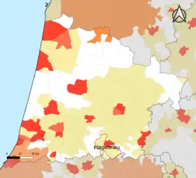 Localisation de l'aire d'attraction de Hagetmau dans le département des Landes.