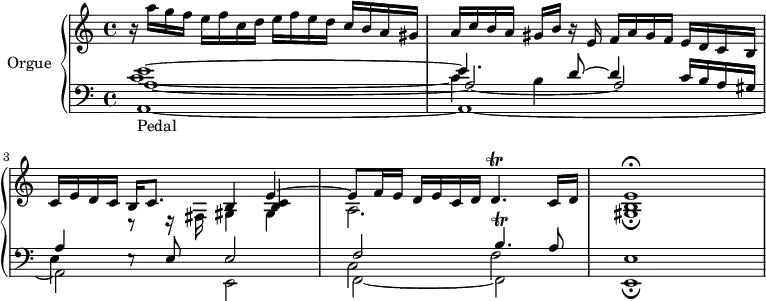 \version "2.18.2"
\header {
  tagline=##f
}
Trilldq={ \tag #'print { d4.\trill } \tag #'midi { \repeat unfold 4 { e32 d~ } d8 } }
Trillbq={ \tag #'print { b4.\trill } \tag #'midi { \repeat unfold 4 { c32 b~ } b8 } }
upper=\relative c'' {
  \clef treble 
  \key c \major
  \time 4/4
  \tempo 4=60
  \tempo "Allegro"
  \set Staff.midiInstrument=#"church organ"
  r16 a'16 g f e f c d e f e d c b a gis a c b a gis b r16 e,16 f a gis f e d c b 
  << { c16 e d c b c8. s4 e4~|e8 f16 e d e c d \Trilldq c16 d e1\fermata } \\ { s4 r8 r16 fis,16 gis4 gis a2. s4 < gis b >1\fermata } \\ { s2 b4 < b c > } >>
}
lower=\relative c' {
  \clef bass
  \key c \major
  \time 4/4
  \set Staff.midiInstrument=#"church organ"
   
   << { e1~ e4. d8~ d4 c16 b a gis a4 s8 e8 e2 f \Trillbq a8 e1 } \\ { s4*0-\markup{Pedal} a,1~ a~ a2 e f~ f e1\fermata } \\ { a'1_~ a2_~ a } \\ { c1~ c4 b s2 e,4 e8\rest s8 s2 c2 f } >> \bar "|"
}
thePianoStaff=\new PianoStaff <<
    \set PianoStaff.instrumentName=#"Orgue"
    \new Staff="upper" \upper
    \new Staff="lower" \lower
  >>
\score {
  \keepWithTag #'print \thePianoStaff
  \layout {
      #(layout-set-staff-size 17)
    \context {
      \Score
      \override SpacingSpanner.common-shortest-duration=#(ly:make-moment 1/2)
      \remove "Metronome_mark_engraver"
    }
  }
}
\score {
  \keepWithTag #'midi \thePianoStaff
  \midi { }
}