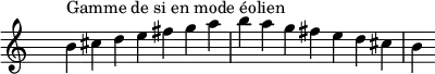 
\relative c'' { 
  \clef treble \time 7/4 \hide Staff.TimeSignature b4^\markup { Gamme de si en mode éolien } cis d e fis g a b a g fis e d cis b
}
