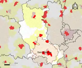 Localisation de l'aire d'attraction de Saint-Étienne dans le département de la Loire.