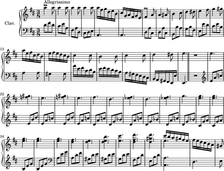\version "2.18.2"
\header {
  tagline = ##f
  % composer = "Domenico Scarlatti"
  % opus = "K. 359"
  % meter = "Allegrissimo"
}
%% les petites notes
trillAUp     = { \tag #'print { a'4\prall } \tag #'midi { b32 a b a~ a8 } }
trillFis     = { \tag #'print { fis4\prall } \tag #'midi { g32 fis g fis~ fis8 } }
upper = \relative c'' {
  \clef treble 
  \key d \major
  \time 3/8
  \tempo 4. = 88
  \set Staff.midiInstrument = #"harpsichord"
  \override TupletBracket.bracket-visibility = ##f
      s8*0^\markup{Allegrissimo}
      \trillAUp a8 | \repeat unfold 3 { a4 a8 } | a16 fis g d e b | cis g a fis g e |
      % ms. 7
      \trillFis a8 | a4 ais8 | b4 cis8 | d4 dis8 | e4 fis8 | g4 gis8 | a16 e fis cis d b |
      % ms. 14
      e16 fis e d cis b | cis4 cis8 | b4 b8 | cis4 cis8 | d4 dis8 | e4. R4. |
      % ms. 21
      \repeat unfold 2 { e4. < f gis >4. } | e4. fis | \repeat unfold 2 { d4. < ees fis > }
      % ms. 31
      g4. \repeat unfold 5 { < e g >4. } |
      % ms. 37
      < d fis >4. < d e > < d e b' > < e cis' > < d fis d' > < d gis d' > | << { cis'16 b a gis fis e } \\ { e4. } >>
      % ms. 44
      fis16 e d cis b a | gis8
}
lower = \relative c' {
  \clef bass
  \key d \major
  \time 3/8
  \set Staff.midiInstrument = #"harpsichord"
  \override TupletBracket.bracket-visibility = ##f
    % ************************************** \appoggiatura a16  \repeat unfold 2 {  } \times 2/3 { }   \omit TupletNumber 
      d8 fis d | cis e a, | fis a d, | cis d e | \repeat unfold 2 { a,4. } 
      % ms. 7
      \repeat unfold 2 { d8 a' cis, } | b8 b' a | g b fis | e e' d | cis e b | a4 a8 |
      % ms. 14
      gis4 gis8 | a'16 e fis cis d b | e fis e d cis b | a gis fis e d cis | b a gis fis e e' | e,4.  \bar "||" R4. |   \clef treble 
      % ms. 21
      \repeat unfold 2 { e''8 a c | e, b' d } | e, a c | d, a' c | \repeat unfold 2 { d, g bes | d, a' c } |
      % ms. 31
      d, g bes | \repeat unfold 2 { cis, g' a } | \repeat unfold 2 { b, e g } |   \clef bass a,8 e' g |
      % ms. 37
      a,8 d fis | \repeat unfold 2 { gis, d' e } | g, d' e | fis, a d | e, b' d | < a, a' >4. 
      % ms. 44
      d4. | e8
}
thePianoStaff = \new PianoStaff <<
    \set PianoStaff.instrumentName = #"Clav."
    \new Staff = "upper" \upper
    \new Staff = "lower" \lower
  >>
\score {
  \keepWithTag #'print \thePianoStaff
  \layout {
      #(layout-set-staff-size 17)
    \context {
      \Score
     \override SpacingSpanner.common-shortest-duration = #(ly:make-moment 1/2)
      \remove "Metronome_mark_engraver"
    }
  }
}
\score {
  \keepWithTag #'midi \thePianoStaff
  \midi { }
}