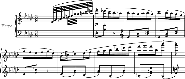 
\version "2.14.2"
\header {
  tagline = ##f
}
upper = \relative c' {
  \clef treble 
  \key ges \major
  \time 3/8
  \tempo 8 = 152
  %\autoBeamOff
   \set Staff.midiInstrument = #"orchestral harp"

  \partial 8 s16 
  \times 4/11 { \autoBeamOn << { \tempo 8 = 115 ees64( ges a! ces d! ees ges ges a ces d!) } \\ { s64*4 d,!64[ ees ges ges] } >>  }
  \tempo 8 = 152 ees'8-.\p des!16( ces bes aes! bes aes ges aes bes ges)
  ces8-. bes16(  aes ges f ges f ees f ges  ees)
  bes16( c! d!8) ees16( f ges aes bes c! d! ees f ges f bes, bes'8~->) bes8

}

lower = \relative c {
  \clef bass
  \key ges \major
  \time 3/8
  \set Staff.midiInstrument = #"orchestral harp"
    
  s8 ees8-. < ges' bes, >8-. r8  
  \clef treble ees8 < bes' f >8 < d! bes >
  ees,8 < bes' f >8 < ees ces > ees, < c'! ges > r8
  ees,8( < bes' ges >8) des,( < bes' ges >) ces,( < bes' ges >)
  c,!( < ees' a,! f >8) bes,( < d'! f, >)
    
} 

\score {
  \new PianoStaff <<
    \set PianoStaff.instrumentName = #"Harpe"
    \new Staff = "upper" \upper
    \new Staff = "lower" \lower
  >>
  \layout {
    \context {
      \Score
      \remove "Metronome_mark_engraver"
    }
  }
  \midi { }
}
