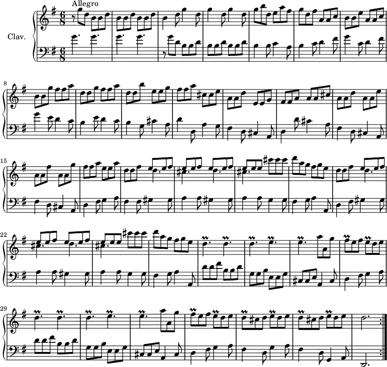 \version "2.18.2"
\header {
  tagline = ##f
  % composer = "Domenico Scarlatti"
  % opus = "K. 375"
  % meter = "Allegro"
}
%% les petites notes
trillDp      = { \tag #'print { d4.\prall } \tag #'midi { e32 d e d~ d4 } }
trillEp      = { \tag #'print { e4.\prall } \tag #'midi { fis32 e fis e~ e4 } }
trillFisq    = { \tag #'print { fis8\prall } \tag #'midi { g32 fis g fis } }
trillEq      = { \tag #'print { e8\prall } \tag #'midi { fis32 e fis e } }
trillDq      = { \tag #'print { d8\prall } \tag #'midi { e32 d e d } }
upper = \relative c'' {
  \clef treble 
  \key g \major
  \time 6/8
  \tempo 4. = 112
   \repeat volta 2 {
      s8*0^\markup{Allegro}
      r8 g'8 d \repeat unfold 3 { b b d } | b4 d8 \repeat unfold 3 { g4 d8 } | 
      % ms. 5
      g8 b d, e a fis | g d fis a, a c | b b e a, a c | b b g' fis fis a |
      % ms. 9
      d,8 d g fis fis a | d, d b' e, e g | fis fis a cis, cis e | a, a d e, e g |
      % ms. 13
      fis fis a a a cis | a a d a a e' | a, a fis' a, a g' | fis fis a  e e a |
      % ms. 17
      \repeat unfold 2 { d,8 d fis << { \repeat unfold 3 { e8 e fis} e e e } \\ { d4. | cis d | cis } >> cis'8 cis cis | d a g fis g e } | \repeat unfold 2 { \trillDp \trillDp | 
      % ms. 25
      \trillDp \trillEp | \trillEp  a8 a, g' | \trillFisq e8 fis \trillEq d8 e } |
      % ms. 33
      \repeat unfold 2 { \trillDq cis8 d \trillEq d8 e } | d2. }%repet 
}
lower = \relative c' {
  \clef bass
  \key g \major
  \time 6/8
   \repeat volta 2 {
    % ************************************** \appoggiatura a16  \repeat unfold 2 {  } \times 2/3 { }   \omit TupletNumber 
      g'4. g | g g | r8 g8 d \repeat unfold 3 { b b d } |
      % ms. 5
      b4 b8 c4 a8 | b4 \repeat unfold 2 { c8 d4 fis8 | g4 } \repeat unfold 2 { e8 d4 c8 | 
      % ms. 10
      b4 } g8 cis4 a8 | d4 d,8 a'4 g8 | fis4 d8 cis4 a8 |
      % ms. 13
      d4 d'8 cis4 a8 | \repeat unfold 2 { fis4 d8 cis4 a8 } | d4 fis8 g4 a8 |
      % ms. 17
      fis4 fis8 gis4 gis8 | a4 a8 gis4 gis8 | a4 a8 g4 g8 | fis4 g8 a4 a,8 |
      % ms. 21
      d4 fis8 gis4 gis8 | a4 a8 gis4 gis8 | a4 a8 g4 g8 | fis4 g8 a4 a,8 | \repeat unfold 2 { d'8 d fis b, b d |
      % ms. 26
      g,8 g b e, e g | cis, cis e  a,4 cis8 | d4 fis8 g4 a8 } |
      % ms. 33
      fis4 d8 g4 a8 | fis4 d8 g,4   \tempo 4. = 92 a8 d,2.   \tempo 4. = 112 }%repet
}
thePianoStaff = \new PianoStaff <<
    \set PianoStaff.instrumentName = #"Clav."
    \new Staff = "upper" \upper
    \new Staff = "lower" \lower
  >>
\score {
  \keepWithTag #'print \thePianoStaff
  \layout {
      #(layout-set-staff-size 17)
    \context {
      \Score
     \override TupletBracket.bracket-visibility = ##f
     \override SpacingSpanner.common-shortest-duration = #(ly:make-moment 1/2)
      \remove "Metronome_mark_engraver"
    }
  }
}
\score {
  \unfoldRepeats
  \keepWithTag #'midi \thePianoStaff
  \midi { \set Staff.midiInstrument = #"harpsichord" }
}