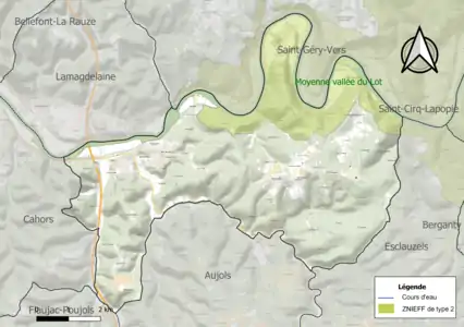 Carte de la ZNIEFF de type 2 sur la commune.