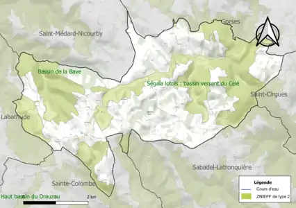 Carte des ZNIEFF de type 2 sur la commune.