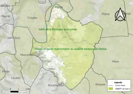 Carte des ZNIEFF de type 2 sur la commune.