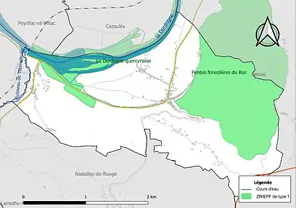 Carte des ZNIEFF de type 1 sur la commune.