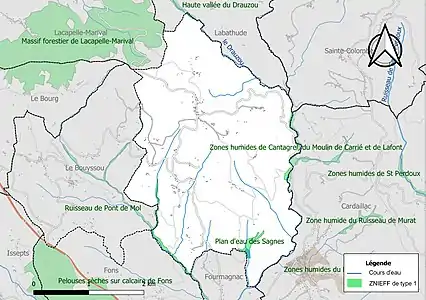 Carte des ZNIEFF de type 1 sur la commune.