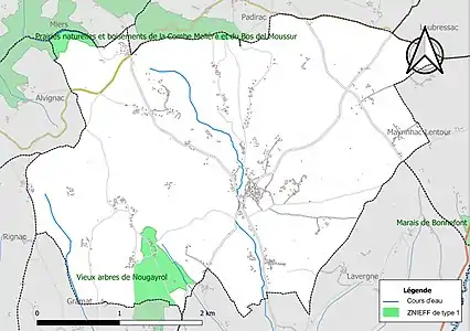 Carte des ZNIEFF de type 1 sur la commune.