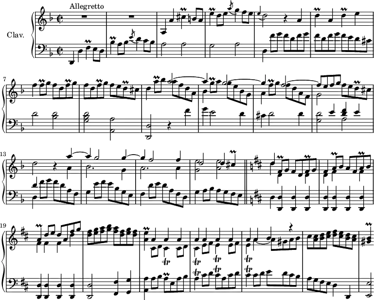 \version "2.18.2"
\header {
  tagline = ##f
  % composer = "Domenico Scarlatti"
  % opus = "K. 552"
  % meter = "Allegretto"
}
%% les petites notes
trillCis      = { \tag #'print { cis4\prall } \tag #'midi { d32 cis d ces~ cis8 } }
trillEUp      = { \tag #'print { e'4\prall } \tag #'midi { f32 e f e~ e8 } }
trillD        = { \tag #'print { d4\prall } \tag #'midi { e32 d e d~ d8 } }
trillFq       = { \tag #'print { f8\prall } \tag #'midi { g32 f g f } }
trillDq       = { \tag #'print { d8\prall } \tag #'midi { e32 d e d } }
trillBesUp    = { \tag #'print { bes'4\prall } \tag #'midi { c32 bes c bes~ bes8 } }
trillF        = { \tag #'print { f4\prall } \tag #'midi { g32 f g f~ f8 } }
trillAUp      = { \tag #'print { a'8\prall } \tag #'midi { bes32 a bes a } }
trillFisqDown = { \tag #'print { fis,8\prall } \tag #'midi { g32 fis g fis } }
trillFisq     = { \tag #'print { fis8\prall } \tag #'midi { g32 fis g fis } }
trillAq       = { \tag #'print { a8\prall } \tag #'midi { b32 a b a } }
trillA        = { \tag #'print { a4^\prall } \tag #'midi { b32 a b a~ a8 } }
trillGqUp     = { \tag #'print { g'8^\prall } \tag #'midi { a32 g a g } }
trillFqUp     = { \tag #'print { f'8^\prall } \tag #'midi { g32 f g f } }
trillAE       = { \tag #'print { < a e' >4\prall } \tag #'midi { << { fis32 e fis e~   \tempo 2 = 35 e8   \tempo 2 = 70 } \\ { a4 } >> } }
trillCisT     = { \tag #'print { cis4\trill } \tag #'midi { d32 cis d cis~ cis8 } }
trillET       = { \tag #'print { e4\trill } \tag #'midi { fis32 e fis e~ e8 } }
trillAT       = { \tag #'print { a4\trill } \tag #'midi { b32 a b a~ a8 } }
trillCisqT    = { \tag #'print { cis8\trill } \tag #'midi { d32 cis d cis } }
trillGisB     = { \tag #'print { < gis b >4\prall } \tag #'midi { << { cis32 b cis b~ b8 } \\ { gis4 } >> } }
appoEDb       = { \tag #'print { \appoggiatura e4 d2 } \tag #'midi { e8 d4. } }
upper = \relative c'' {
  \clef treble 
  \key d \minor
  \time 2/2
  \tempo 2 = 70
  \set Staff.midiInstrument = #"harpsichord"
  \override TupletBracket.bracket-visibility = ##f
      s8*0^\markup{Allegretto}
      R1*2 | \tag #'print a,4 \tag #'midi r4  a'4 \trillCis b8 a | e'4\prall d8 e \acciaccatura a8 g4 f8 e |
      % ms. 5
      \appoEDb r4 \repeat unfold 2 { a4 | \trillD } e4 | f \trillFq g8 \repeat unfold 2 { f8 d \trillFq g8 } f8 e \trillDq cis |
      % ms. 9
      d4 \trillAUp bes8 << { a2~ | a4 s4 g2~ | g4  s4 f2~ | f8 e f g } \\ { a8 f d a | bes4 \trillGqUp a8 g e bes g | a4 \trillFqUp g8 f d a f | g2 } >> f'8 e \trillDq cis8 |
      % ms. 13
      d2 r4 
      << { a'4~ | a g2 g4~ | g f2 f4 | d2 d4 \trillCis } 
      \\ { a4 | bes2. g4 | a2. a4 | < g e' >2 < a e' > } >>  \bar "||"    \key d \major
      % ms. 17
      << { d4 } \\ { d4 } >>
      << { \trillFisqDown g8 fis d \trillFisq g8 | fis4 \trillAq b8 a fis \trillAq b8 | \trillA d8 e d a fis' g }
      \\ { d,4 s4 d4 | d fis s4 fis4 fis fis fis d' } >> | < d fis >8 < e g > < fis a > < g b >  < fis a > < d fis > < e g > < d fis >
      % ms. 21
      \trillAE 
      << { \repeat unfold 8 { a4 } a4 b r4 } 
      \\ { \repeat unfold 2 { cis,8 d | \trillCisT } \repeat unfold 2 { e8 fis \trillET } a4~ a8 gis a b } >> | cis8 < a cis > < b d > < cis e > < d fis > < cis e > < b d > < a cis > |
      % ms. 25
      \trillGisB
}
lower = \relative c' {
  \clef bass
  \key d \minor
  \time 2/2
  \set Staff.midiInstrument = #"harpsichord"
  \override TupletBracket.bracket-visibility = ##f
    % ************************************** \appoggiatura a16  \repeat unfold 2 {  } \times 2/3 { }   \omit TupletNumber 
      d,,4 d' \trillF e8 d | \trillBesUp a8 bes \acciaccatura e8 d4 c8 bes | a2 a | g a |
      % ms. 5
      d,4 f'8 g \repeat unfold 2 { f8 d f g } f e d cis | d2 < bes d > | < g bes d > < a, a' >
      % ms. 9
      < d, d' >2 r4 f''4 | g e2 d4 | cis d2 d4 | << { s4 e4 < d f > e | d } \\ { < g, d' >2 a | d,4 } >> 
      % ms. 13 suite
      f'8 g f d a f | g4 e'8 f e bes g e  | f4 d'8 e d a f d | g4 a8 bes a g f e |   \key d \major
      % ms. 17
       \tempo 2 = 35 d4 \tempo 2 = 70 \repeat unfold 11 { < d, d' >4 } | q2 < fis fis' >4 < g g' > |
      % ms. 21
       < a a' >4 a'8 b \trillAq e8 a b | \trillAT   cis8 d \trillCisqT a8 cis d | \trillCisT cis8 d e d cis b | a g fis e d4 d, |
      % ms. 25
      < e e' >2*1/2
}
thePianoStaff = \new PianoStaff <<
    \set PianoStaff.instrumentName = #"Clav."
    \new Staff = "upper" \upper
    \new Staff = "lower" \lower
  >>
\score {
  \keepWithTag #'print \thePianoStaff
  \layout {
      #(layout-set-staff-size 17)
    \context {
      \Score
     \override SpacingSpanner.common-shortest-duration = #(ly:make-moment 1/2)
      \remove "Metronome_mark_engraver"
    }
  }
}
\score {
  \keepWithTag #'midi \thePianoStaff
  \midi { }
}