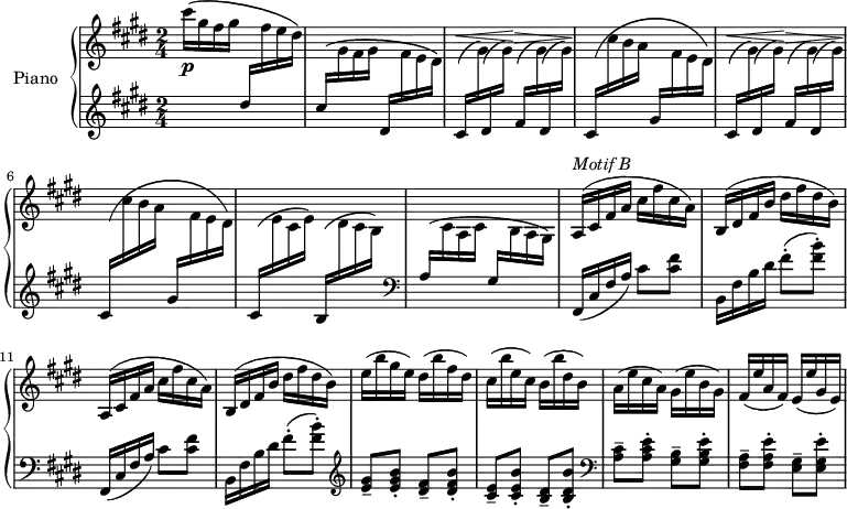 \version "2.18.2"
\header {
  tagline = ##f
}
upper = \relative c'' {
  \clef treble 
  \key e \major
  \time 2/4
  \tempo 4 = 136
  \tempo "Vif"
  \set Staff.midiInstrument = #"acoustic grand"
   cis'16\(\p gis fis gis  \stemUp \change Staff = "lower" dis16  \stemDown \change Staff = "upper"  fis16 e dis\)
   % ms. 2
   \stemUp \change Staff = "lower" cis16^\( \stemDown \change Staff = "upper" gis fis gis
   \stemUp \change Staff = "lower" dis16 \stemDown \change Staff = "upper" fis e dis\)
   % ms. 3/5
   \repeat unfold 2 {
   \stemUp \change Staff = "lower" cis16(^\< \stemDown \change Staff = "upper" gis'16)
   \stemUp \change Staff = "lower" dis16( \stemDown \change Staff = "upper" gis16)\!
   \stemUp \change Staff = "lower" fis16(^\> \stemDown \change Staff = "upper" gis16)
   \stemUp \change Staff = "lower" dis16( \stemDown \change Staff = "upper" gis16)\!
   % ms. 4/6
   \stemUp \change Staff = "lower" cis,16\(  \stemDown \change Staff = "upper"  cis'16 b a
   \stemUp \change Staff = "lower" gis16  \stemDown \change Staff = "upper"  fis16 e dis\)
   }
   % ms. 7
   \stemUp \change Staff = "lower" cis16^\( \stemDown \change Staff = "upper" e cis e\)
   \stemUp \change Staff = "lower" b16^\( \stemDown \change Staff = "upper" dis cis b\)
   % ms. 8
   \stemUp \change Staff = "lower" a16^\( \stemDown \change Staff = "upper" cis a cis
   \stemUp \change Staff = "lower" gis16 \stemDown \change Staff = "upper" b a gis\)
   % ms. 9
   \stemNeutral
   s4*0^\markup{\italic "Motif B"}
   \repeat unfold 2 { a16( cis fis a cis fis cis a) | b,16( dis fis b dis fis dis b) }
   % ms. 13
   e16( b' gis e) dis( b' fis dis) | cis( b' e, cis) b( b' dis, b) | a( e' cis a) gis( e' b gis) | fis( e' a, fis) e( e' gis, e)
}
lower = \relative c {
  \clef treble
  \key e \major
  \time 2/4
  \set Staff.midiInstrument = #"acoustic grand"
  s2*7 \clef bass s2 
  \repeat unfold 2 { fis,16( cis' fis a) cis8 < cis fis > b,16 fis' b dis fis8-.( < fis b >-.) }
  \clef treble < e gis >8-- < e gis b >-. < dis fis >-- <  dis fis b >-.
  < cis e >8-- < cis e b' >-. < b dis >8-- < b dis b' >-.
  % ms. 15
  \clef bass < a cis >8-- < a cis e >-. < gis b >8-- < gis b e >-.
  < fis a >8-- < fis a e' >-. < e gis >8-- < e gis e' >-.
} 
\score {
  \new PianoStaff <<
    \set PianoStaff.instrumentName = #"Piano"
    \new Staff = "upper" \upper
    \new Staff = "lower" \lower
  >>
  \layout {
    #(layout-set-staff-size 17)
    \context {
      \Score
      \override SpacingSpanner.common-shortest-duration = #(ly:make-moment 1/2)
      \remove "Metronome_mark_engraver"
    }
  }
  \midi { }
}