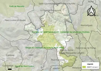 Carte de la ZNIEFF de type 2 sur la commune.