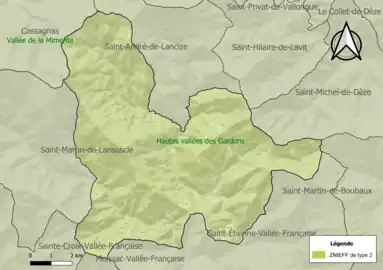 Carte des ZNIEFF de type 2.