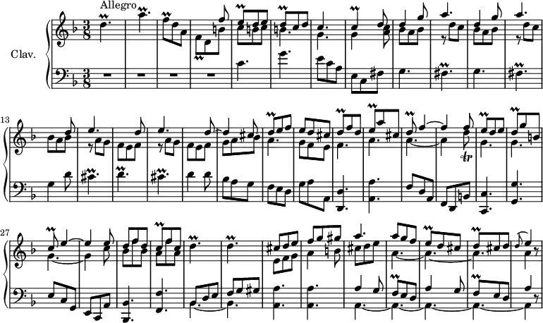 \version "2.18.2"
\header {
  tagline = ##f
}
%% les petites notes
trillDp      = { \tag #'print { d4.\prall } \tag #'midi { e32 d e d~ d8~ d8 } }
trillBesp    = { \tag #'print { a'4.\prall } \tag #'midi { bes32 a bes a~ a8~ a8 } }
trillFqDown  = { \tag #'print { f,8\prall } \tag #'midi { g32 f g f } }
trillFq      = { \tag #'print { f8\prall } \tag #'midi { g32 f g f } }
trillEq      = { \tag #'print { e8\prall } \tag #'midi { f32 e f e } }
trillDq      = { \tag #'print { d8\prall } \tag #'midi { e32 d e d } }
trillC       = { \tag #'print { c4\prall } \tag #'midi { d32 c d c~ c8 } }
trillCq      = { \tag #'print { c8\prall } \tag #'midi { d32 c d c } }
trillFisp    = { \tag #'print { fis4.\prall } \tag #'midi { g32 fis g fis~ fis8~ fis8 } }
trillCisp    = { \tag #'print { cis4.\prall } \tag #'midi { d32 cis d cis~ cis8~ cis8 } }
trillDqtrill = { \tag #'print { d8\trill } \tag #'midi { e32 d e d } }
upper = \relative c'' {
  \clef treble 
  \key d \minor
  \time 3/8
  \tempo 4 = 110
  \set Staff.midiInstrument = #"harpsichord"
     s8*0^\markup{Allegro}
     \trillDp \trillBesp | \trillFq d8 a | << { s4 f'8 | \trillEq d8 e | \trillDq c8 d | c4. \trillC d8 | d4 g8 } \\ { \trillFqDown d8 b' | c b c | b4. g g4 < a c >8 | bes8 a bes } >> |
     % ms. 10
     << { a'4. | d,4 g8 | a4. | s4 d,8 | \repeat unfold 2 { e4. s4 d8~} d4 cis8 } \\ { \repeat unfold 2 { r8 d8 c | bes a bes } | \repeat unfold 2 { r8 a8 g f e f } g8 a bes } >>
     % ms. 19 à 30
     << { \trillDq e8 f | e d cis | \trillDq f8 d | \trillEq a8 cis, | \trillDq f4~ | f4 f8 | \trillEq d e | \trillDq g8 b, | \trillCq e4~ | e4 e8 | d f d | \trillCq f c } \\ { a4. | g8 f e | f4. | a4. | a4.~ | a4 \trillDqtrill | g,4. g4. | g4.~ | g4 c8 | bes8 f' bes, | a f' a, } >>
     % ms. 31
     \trillDp | \trillDp | << { cis8 d e f g gis | a4. } \\ { e,8 f g | a4 b8 | cis8 d e  } >>
     % ms. 36
     << { a8 g f | \trillEq d8 cis | \trillDq cis d | \appoggiatura d8 e4 } \\ { a,4.~ a~ a | a4 } >> r8
}
lower = \relative c' {
  \clef bass
  \key d \minor
  \time 3/8
  \set Staff.midiInstrument = #"harpsichord"
    % **************************************
     R4.*4 | c4. g' e8 c a | e c fis | g4.
     % ms. 10
     \trillFisp | g4. | \trillFisp | g4 d'8 | \trillCisp | \trillDp | \trillCisp | d4 d8 | bes8 a g |
     % ms. 19
     f8 e d  | g a a, | < d, d'>4. < a' a' > | f'8 d a f d b' < c, c' >4. < g' g' > | e'8 c g |
     % ms. 28
     e8 c a' | < bes, bes' >4. < f' f' > | << { \mergeDifferentlyDottedOn bes8 d e | f g gis } \\ { bes,4.~ bes } >> < a a' >4. q | \repeat unfold 2 { << { a'4 g8 | \trillFq e8 d } \\ { a4.~ a~  } >> }
     % ms. 37
     << { a'4 } \\ { a,4 } >> r8
}
thePianoStaff = \new PianoStaff <<
    \set PianoStaff.instrumentName = #"Clav."
    \new Staff = "upper" \upper
    \new Staff = "lower" \lower
  >>
\score {
  \keepWithTag #'print \thePianoStaff
  \layout {
      #(layout-set-staff-size 17)
    \context {
      \Score
     \override SpacingSpanner.common-shortest-duration = #(ly:make-moment 1/2)
      \remove "Metronome_mark_engraver"
    }
  }
}
\score {
  \keepWithTag #'midi \thePianoStaff
  \midi { }
}