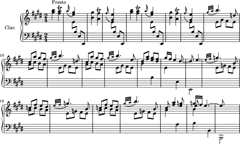 \version "2.18.2"
\header { 
  tagline = ##f
  % composer = "Domenico Scarlatti"
  % opus = "K. 20"
  % meter = "Presto"
}
%% les petites notes
trillFisAccord = { \tag #'print { << { \stemDown fis'4\trill } \\ { a,4 } >> } \tag #'midi { << { gis'32 fis gis fis~ fis8 } \\ { a,4 } >> } }
trillAAccord   = { \tag #'print { < fis a >4\trill } \tag #'midi { << { b32 a b a~ a8 } \\ { fis4 } >> } }
upper = \relative c'' {
  \clef treble 
  \key e \major
  \time 2/4
  \tempo 4 = 132
  \set Staff.midiInstrument = #"harpsichord"
  \override TupletBracket.bracket-visibility = ##f
      s8*0^\markup{Presto}
      \repeat unfold 2 { < gis' b >4 \trillAAccord | \appoggiatura a32 \stemUp < e gis >4 s4 \stemNeutral | < b gis' >4 \trillFisAccord | \appoggiatura fis'32 \stemUp < gis, e' >4 s4  \stemNeutral } |
      % ms. 9
      \repeat unfold 2 { \grace {   \tempo 4 = 45 gis'32( a } \stemUp \tempo 4 = 132 b4.) d,8  | cis a' gis fis } | \grace {   \tempo 4 = 45 gis32( a } \stemUp \tempo 4 = 132 b4.) e,8  | dis < fis a > < e gis > < dis fis > |
      % ms. 15
      gis16 fis e4 dis8~ | dis e4. | \repeat unfold 2 { \grace {   \tempo 4 = 45 e32( fis } \stemUp \tempo 4 = 132 g4.) b,8  | c fis e dis } | \grace {   \tempo 4 = 45 gis32( a } \stemUp \tempo 4 = 132 b4.) b,8  |
      % ms. 22
      cis8 < fis a >4 < e g >8 << { g16 fis e4.~ | e8 } \\ { \shiftOn \stemUp e8 } \\ { \stemDown b4 } >>
      % ms. 29
}
lower = \relative c' {
  \clef bass
  \key e \major
  \time 2/4
  \set Staff.midiInstrument = #"harpsichord"
  \override TupletBracket.bracket-visibility = ##f
    % ************************************** \appoggiatura a8  \repeat unfold 2 {  } \times 2/3 { }   \omit TupletNumber 
      \repeat unfold 4 { s2 |  \stemDown \change Staff = "upper" e8 \stemUp \change Staff = "lower" b e, e, } | 
      % ms. 9
      \repeat unfold 2 { \stemDown \change Staff = "upper"  e''8 gis fis e | a cis b a  } | e8 gis fis e | b'4 \change Staff = "lower" b, \stemDown \change Staff = "upper" |
      % ms. 15
      e4  \change Staff = "lower" e, | e,2 | \repeat unfold 2 { \stemDown \change Staff = "upper"  e''8 g fis e | a c b a  } | e8 g fis e |
      % ms. 22
      a4  \stemNeutral \change Staff = "lower"  a, | b b, | b,2 |
      % ms. 29
      
}
thePianoStaff = \new PianoStaff <<
    \set PianoStaff.instrumentName = #"Clav."
    \new Staff = "upper" \upper
    \new Staff = "lower" \lower
  >>
\score {
  \keepWithTag #'print \thePianoStaff
  \layout {
      #(layout-set-staff-size 17)
    \context {
      \Score
     \override SpacingSpanner.common-shortest-duration = #(ly:make-moment 1/2)
      \remove "Metronome_mark_engraver"
    }
  }
}
\score {
  \keepWithTag #'midi \thePianoStaff
  \midi { }
}
