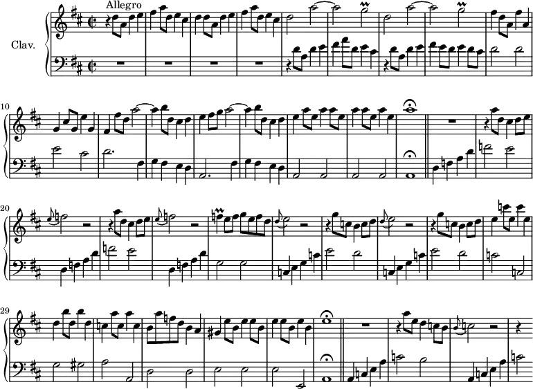 \version "2.18.2"
\header {
  tagline = ##f
  % composer = "Domenico Scarlatti"
  % opus = "K. 335"
  % meter = "Allegro"
}
%% les petites notes
trillGb     = { \tag #'print { g2\prall } \tag #'midi { a16 g a g~ g4 } }
trillF      = { \tag #'print { f4\prall } \tag #'midi { g16 f g f } }
upper = \relative c'' {
  \clef treble 
  \key d \major
  \time 2/2
  \tempo 2 = 110
  \set Staff.midiInstrument = #"harpsichord"
  \override TupletBracket.bracket-visibility = ##f
      s8*0^\markup{Allegro}
      r4 d8 a d4  e | fis a8 d, e4 cis | d d8 a d4  e | fis a8 d, e4 cis |
      % ms. 5
      \repeat unfold 2 { d2 a'~ | a \trillGb } | fis4 d8 a fis'4 a, | 
      % ms. 10
      g4 cis8 g e'4 g, | fis fis'8 d a'2~ | a4 b8 d, cis4 d | e fis8 g a2~ | a4 b8 d, cis4 d |
      % ms. 15
      e4 \repeat unfold 3 { a8 e a4 } | e a1\fermata  \bar "||"	R1 | \repeat unfold 2 { r4 a8 d, cis4 d8 e |
      % ms. 20
      \appoggiatura e8 f2 r2  } | \trillF e8 f g e f d | \appoggiatura d8 e2 r2 |
      % ms. 25
      r4 g8 c, b4 c8 d | \appoggiatura d8 e2 r2 | r4 g8 c, b4 c8 d | e4 c'8 e, c'4 e, | d b'8 d, b'4 d, |
      % ms. 30
      c4 a'8 c, a'4 c, | b8 a' f d b4  a | gis \repeat unfold 3 { e'8 b e4 } | b e1\fermata \bar "||"	
      % ms. 35
      R1 | r4 a8 e d4 c8 b | \appoggiatura b8 c2 r2 | r4 s4 
}
lower = \relative c' {
  \clef bass
  \key d \major
  \time 2/2
  \set Staff.midiInstrument = #"harpsichord"
  \override TupletBracket.bracket-visibility = ##f
    % ************************************** \appoggiatura a16  \repeat unfold 2 {  } \times 2/3 { }   \omit TupletNumber 
      R1*4 | r4 d8 a d4  e | fis a8 d, e4 cis | r4 d8 a d4  e | fis e8 d e 4 d8 cis | d2 d | 
      % ms. 10
      e2 cis | d2. fis,4 | g fis e d | a2. fis'4 | g fis e d |
      % ms. 15
      a2 a | a a | a1\fermata |   d4 f a d | \repeat unfold 2 { f2 e |
      % ms. 20
      d,4 f a d } | g,2 g | \repeat unfold 2 { c,4 e g c | 
      % ms. 25
      e2 d } | c c, | g' gis |
      % ms. 30
      a2 a, | d d | e e | e e, | a1\fermata | 
      % ms. 35
      a4 c e a | c2 b | a,4 c e a | c2 
}
thePianoStaff = \new PianoStaff <<
    \set PianoStaff.instrumentName = #"Clav."
    \new Staff = "upper" \upper
    \new Staff = "lower" \lower
  >>
\score {
  \keepWithTag #'print \thePianoStaff
  \layout {
      #(layout-set-staff-size 17)
    \context {
      \Score
     \override SpacingSpanner.common-shortest-duration = #(ly:make-moment 1/2)
      \remove "Metronome_mark_engraver"
    }
  }
}
\score {
  \keepWithTag #'midi \thePianoStaff
  \midi { }
}