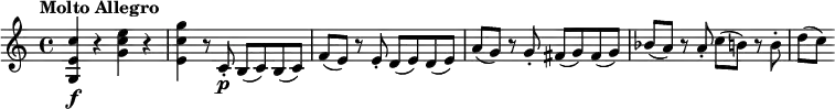 
\relative c'' {
  \version "2.18.2"
  \key c \major
  \tempo "Molto Allegro"
  <c e, g,>\f r <e c g> r <g c, e,> r8 c,,-.\p b (c) b (c) f (e) r e-. d (e) d (e) a (g) r g-. fis (g) fis (g) bes (a) r a-. c (b) r b-. | d[( c])
}
