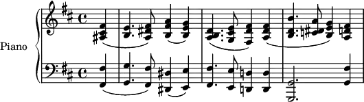 \version "2.14.2"
\header {
  tagline = ##f
}
upper = \relative c' {
  \clef treble 
  \key d \major
  \time 4/4
  \tempo 4 = 68
  %\autoBeamOff
  \partial 4 < fis cis ais >4( < e b >4. < fis dis a >8) < a fis b, >4( < g e b >)
  < d b a >4.( < e cis g >8 < fis fis, d' >4) < fis d a >(
  < b b, d >4. < a dis, c! >8 < g e b >4) < fis d a >
}
lower = \relative c {
  \clef bass
  \key d \major
  \time 4/4
    
   \partial 4 < fis fis, >4( < g g, >4. < fis fis, >8) < dis dis, >4( < e e, >)
   < fis fis, >4. < e e, >8 < d! d,! >4 < d d, >
   < g, g, >2.  < fis' g, >4 
   
} 
\score {
  \new PianoStaff <<
    \set PianoStaff.instrumentName = #"Piano"
    \new Staff = "upper" \upper
    \new Staff = "lower" \lower
  >>
  \layout {
    \context {
      \Score
      \remove "Metronome_mark_engraver"
    }
  }
  \midi { }
}