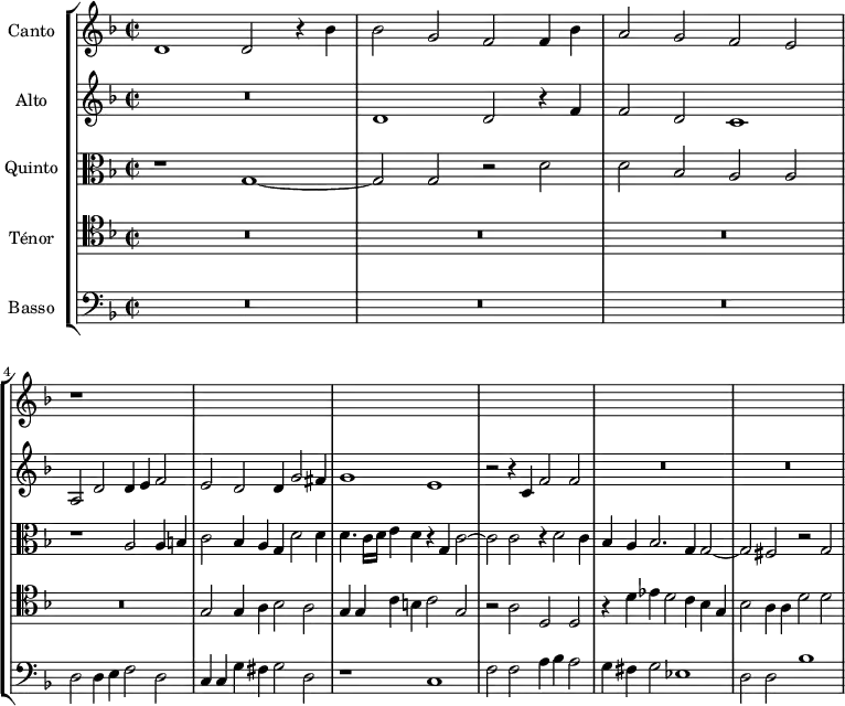 \version "2.18.2"
\header {
  tagline = ##f
}
global= {
  \time 2/1
\set Staff.timeSignatureFraction = 2/2
  \key f \major
  \tempo 2 = 100
}
Canto = \new Voice \relative c' {
  \set Staff.instrumentName = #"Canto"
  \set Staff.midiInstrument = #"piccolo" %orchestral harp"
 
    d1 d2 r4 bes'4 | bes2 g f f4 bes a2 g f e r1*12
  
    % \addlyrics { Tir- si mor- ir vo- le- a   } % 
   
}
Alto = \new Voice \relative c' {
  \set Staff.instrumentName = #"Alto"
  \clef treble
  \set Staff.midiInstrument = #"recorder"
 
  R1*2 d1 d2 r4 f4 | f2 d c1 a2 d d4 e f2 e d d4 g2 fis4 g1 e |
  r2 r4 c4 f2 f R1*4
}
Quinto = \new Voice \relative c' {
  \set Staff.instrumentName = #"Quinto"
  \clef alto
  \set Staff.midiInstrument = #"orchestral harp"
  r1 g1~ g2 g r2 d'2 d bes a a | r1 a2 a4 b | c2 bes4 a g d'2 d4 | d4. c16 d e4 d r4 g, c2~ c c r4 d2 c4 | bes a bes2. g4 g2~ | g fis r2 g2
}
Tenor = \new Voice \relative c' {
  \set Staff.instrumentName = #"Ténor"
  \clef tenor
  \set Staff.midiInstrument = #"recorder"
  R1*8 g2 g4 a bes2 a g4 g c b c2 g | r2 a2 d, d r4 d'4 ees d2 c4 bes g | bes2  a4 a d2 d  
}
Basso = \new Voice \relative c {
  \set Staff.instrumentName = #"Basso"
  \clef bass
  \set Staff.midiInstrument = #"dulcimer"
  R1*6 d2 d4 e f2 d | c4 c g' fis g2 d
  r1 c1 f2 f a4 bes a2 | g4 fis g2 ees1 | d2 d bes'1 
}
\score {
  \new StaffGroup <<
    \new Staff << \global \Canto >>
    \new Staff << \global \Alto >>
    \new Staff << \global \Quinto >>
    \new Staff << \global \Tenor >>
    \new Staff << \global \Basso >>
  >>
  \layout {
    #(layout-set-staff-size 18)
    \context {
      \Score
      \remove "Metronome_mark_engraver"
      \override SpacingSpanner.common-shortest-duration = #(ly:make-moment 1/3)
    }
  }
  \midi { }
}