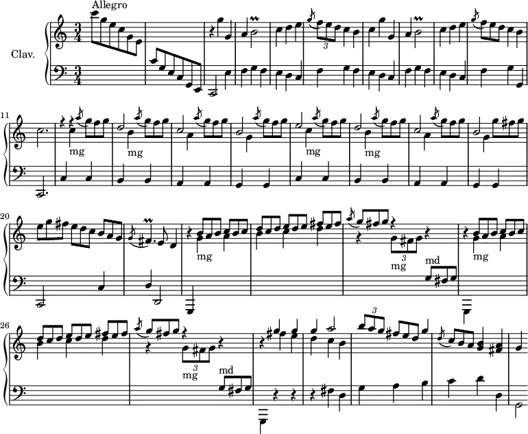 \version "2.18.2"
\header {
  tagline = ##f
  % composer = "Domenico Scarlatti"
  % opus = "K. 515"
  % meter = "Allegro"
}
%% les petites notes
trillBesb     = { \tag #'print { b2\prall } \tag #'midi { c32 b c b~ b8~ b4 } }
trillFisp     = { \tag #'print { fis4.\prall } \tag #'midi { g32 fis g fis~ fis4 } }
upper = \relative c'' {
  \clef treble 
  \key c \major
  \time 3/4
  \tempo 4 = 186
  \set Staff.midiInstrument = #"harpsichord"
  \override TupletBracket.bracket-visibility = ##f
      s8*0^\markup{Allegro}
      c'8 g e c g e | s2. | r4 g'4 g, | a \trillBesb | c4 d e |
      % ms. 6
      \acciaccatura g8 \times 2/3 { f8 e d } c4 b | c g' g, a \trillBesb | c4 d e | \omit TupletNumber \acciaccatura g8 \times 2/3 { f8 e d } c4 b | c2.
      % ms. 12
      f4\rest f4\rest  \acciaccatura a8 \times 2/3 { g8 f g } | \stemUp d2 \acciaccatura a'8 \stemDown \times 2/3 { g8 f g } | \stemUp c,2 \acciaccatura a'8 \stemDown \times 2/3 { g8 f g } | \stemUp b,2 \acciaccatura a'8 \stemDown \times 2/3 { g8 f g } | \stemUp e2 \acciaccatura a8 \stemDown \times 2/3 { g8 f g } | \stemUp
      % ms. 17
       d2 \acciaccatura a'8 \stemDown \times 2/3 { g8 f g } | \stemUp c,2 \acciaccatura a'8 \stemDown \times 2/3 { g8 f g } | \stemUp b,2 \stemNeutral \times 2/3 { g'8 fis g } | \times 2/3 { e8 g fis } \times 2/3 { e8 d c } \times 2/3 { b8 a g } \acciaccatura g8 \trillFisp e8 d4 | \stemUp 
      % ms. 22 
      \repeat unfold 2 { r4 \times 2/3 { b'8 a b } \times 2/3 { c b c }  |  \times 2/3 { d c d } \times 2/3 { e d e } \times 2/3 { fis e fis }  |  \acciaccatura a8 \times 2/3 { g8 fis g } f4\rest \stemUp \change Staff = "lower" \times 2/3 { g,,8^\markup{md} fis g } \change Staff = "upper" }  |  b'4\rest << { g'4 g g a2 |
      % ms. 26
      \times 2/3 { b8 a g } } \\ { fis4 | e d c | b } >> \times 2/3 { fis'8 e d } g4  \acciaccatura d8 \times 2/3 { c8 b a } < g b >4 < fis a > | g4
}
lower = \relative c' {
  \clef bass
  \key c \major
  \time 3/4
  \set Staff.midiInstrument = #"harpsichord"
  \override TupletBracket.bracket-visibility = ##f
    % ************************************** \repeat unfold 2 {  }  \appoggiatura a8  \times 2/3 { }   \omit TupletNumber 
      s2. | c8 g e c g e | c2 e'4 | \repeat unfold 3 { f g f | e d c } |
      % ms. 10
      f4 g g, | c,2. |
      % ms. 12
      \repeat unfold 2 { c'4 \stemDown \change Staff = "upper" c''-\markup{mg} \stemUp \change Staff = "lower" c,, | b \stemDown \change Staff = "upper" b''-\markup{mg} \stemUp \change Staff = "lower" b,, | a \stemDown \change Staff = "upper" a'' \stemUp \change Staff = "lower" a,, | g \stemDown \change Staff = "upper" g'' \stemUp \change Staff = "lower" g,, } | c,2 c'4 | d d,2 |
      % ms. 22
      \repeat unfold 2 { g,4 \stemDown \change Staff = "upper" g'''4-\markup{mg} a | b c d | r4 \times 2/3 { g,8-\markup{mg} fis g  } r4 \change Staff = "lower" } | 
      % ms. 22
      g,,,4 r4 r4 | r4 fis''4 d | g a b | c d d, | g,2*1/2
}
thePianoStaff = \new PianoStaff <<
    \set PianoStaff.instrumentName = #"Clav."
    \new Staff = "upper" \upper
    \new Staff = "lower" \lower
  >>
\score {
  \keepWithTag #'print \thePianoStaff
  \layout {
      #(layout-set-staff-size 17)
    \context {
      \Score
     \override SpacingSpanner.common-shortest-duration = #(ly:make-moment 1/2)
      \remove "Metronome_mark_engraver"
    }
  }
}
\score {
  \keepWithTag #'midi \thePianoStaff
  \midi { }
}
