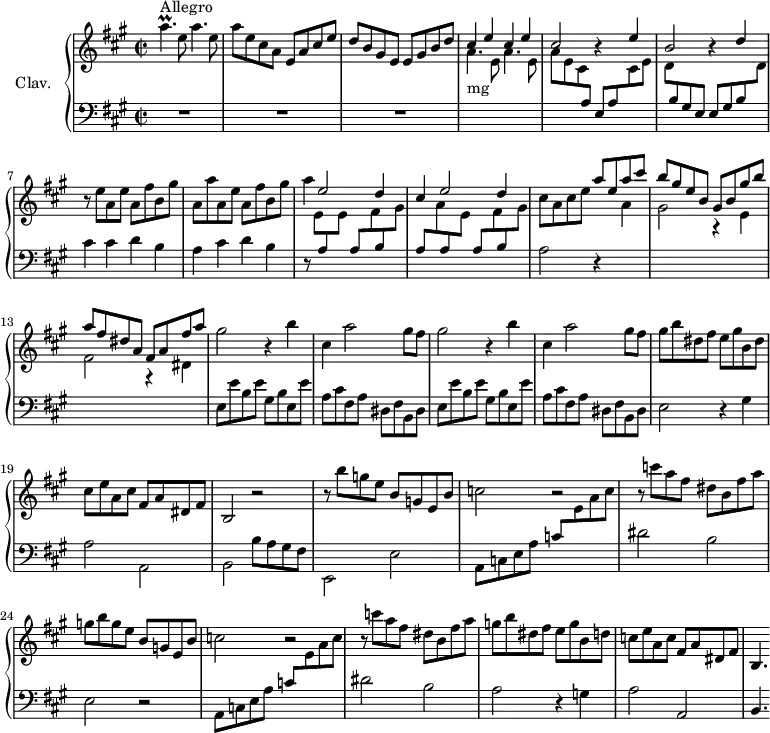 \version "2.18.2"
\header {
  tagline = ##f
  % composer = "Domenico Scarlatti"
  % opus = "K. 320"
  % meter = "Allegro"
}
%% les petites notes
trillApUp     = { \tag #'print { a'4.\prall } \tag #'midi { b32 a b a~ a4 } }
upper = \relative c'' {
  \clef treble 
  \key a \major
  \time 2/2
  \tempo 2 = 78
  \set Staff.midiInstrument = #"harpsichord"
  \override TupletBracket.bracket-visibility = ##f
      s8*0^\markup{Allegro}
      \trillApUp e8 a4. e8 | a e cis a e a cis e | d b gis e e gis b d | \stemUp \repeat unfold 2 { cis4 e }
      % ms. 5
      cis2 r4 e4 | b2 r4 d4 | \stemNeutral r8 e8 a, e' a, fis' b, gis' | a, a' a, e' a, fis' b, gis' |
      % ms. 9
      a4 \stemUp e2 d4 | cis e2 d4 \stemNeutral | cis8 a cis e \stemUp a e a cis | b gis e b gis b gis' b |
      % ms. 13
      a8 fis dis a fis a fis' a \stemNeutral | \repeat unfold 2 { gis2 r4 b4 | cis,4 a'2 gis8 fis } |
      % ms. 18
      gis8 b dis, fis e gis b, dis | cis e a, cis fis, a dis, fis | b,2 r2 | r8 b''8 g e b g e b' |
      % ms. 22
      c2 r2 | r8 c'8 a fis dis b fis' a | g b g e b g e b' | c2 r2 | 
      % ms. 26
      r8 c'8 a fis dis b fis' a | g b dis, fis e g b, d | c e a, c fis, a dis, fis | b,4.
}
lower = \relative c' {
  \clef bass
  \key a \major
  \time 2/2
  \set Staff.midiInstrument = #"harpsichord"
  \override TupletBracket.bracket-visibility = ##f
    % ************************************** \appoggiatura a16  \repeat unfold 2 {  } \times 2/3 { }   \omit TupletNumber 
      R1*3 | \stemDown \change Staff = "upper" s8*0-\markup{mg} \repeat unfold 2 { a'4. e8 } |
      % ms. 5
      a8 e cis  \stemUp \change Staff = "lower"  a e a \stemDown \change Staff = "upper" cis e | d \stemUp \change Staff = "lower" b gis e e gis b \stemDown \change Staff = "upper" d \stemNeutral \change Staff = "lower" | cis4 cis d b | a cis d b |
      % ms. 9
      r8 \stemDown \change Staff = "upper" e8 \stemUp \change Staff = "lower" a, \stemDown \change Staff = "upper" e' \stemUp \change Staff = "lower" a, \stemDown \change Staff = "upper" fis' \stemUp \change Staff = "lower" b, \stemDown \change Staff = "upper" gis' |
      % ms. 10
      \stemUp \change Staff = "lower" a, \stemDown \change Staff = "upper" a' \stemUp \change Staff = "lower" a, \stemDown \change Staff = "upper" e' \stemUp \change Staff = "lower" a, \stemDown \change Staff = "upper" fis' \stemUp \change Staff = "lower" b, \stemDown \change Staff = "upper" gis' |      \change Staff = "lower" a,2 r4 \stemDown \change Staff = "upper" a'4 |  gis2 r4 e4 |
      % ms. 13
      fis2 r4 dis4 | \change Staff = "lower" \repeat unfold 2 { e,8 e' b e gis, b e, e' | a, cis fis, a dis, fis b, dis } |
      % ms. 18
      e2 r4 gis4 | a2 a, | b b'8 a gis fis | e,2 e' |
      % ms. 22
      a,8 c e a \stemUp c \stemDown \change Staff = "upper" e a c | \stemNeutral \change Staff = "lower" dis,2 b e, r2 | a,8 c e a \stemUp c \stemDown \change Staff = "upper" e a c | \stemNeutral \change Staff = "lower"
      % ms. 26
       dis,2 b a r4 g4 | a2 a, | b4.
}
thePianoStaff = \new PianoStaff <<
    \set PianoStaff.instrumentName = #"Clav."
    \new Staff = "upper" \upper
    \new Staff = "lower" \lower
  >>
\score {
  \keepWithTag #'print \thePianoStaff
  \layout {
      #(layout-set-staff-size 17)
    \context {
      \Score
     \override SpacingSpanner.common-shortest-duration = #(ly:make-moment 1/2)
      \remove "Metronome_mark_engraver"
    }
  }
}
\score {
  \keepWithTag #'midi \thePianoStaff
  \midi { }
}