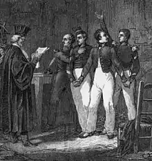 Gravure des quatre sergents de La Rochelle de 1822.