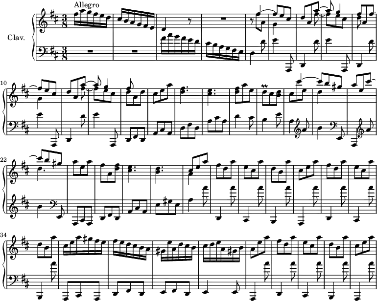\version "2.18.2"
\header {
  tagline = ##f
  % composer = "Domenico Scarlatti"
  % opus = "K. 484"
  % meter = "Allegro"
}
%% les petites notes
trillDq     = { \tag #'print { d8\prall } \tag #'midi { e32 d e d } }
upper = \relative c'' {
  \clef treble 
  \key d \major
  \time 3/8
  \tempo 4. = 88
  \set Staff.midiInstrument = #"harpsichord"
  \override TupletBracket.bracket-visibility = ##f
      s8*0^\markup{Allegro}
      fis16 a g fis e d | cis b a g fis e | d4 r8 | R4. |
      % ms. 5
      r8 << { fis'4~ | fis8 e cis | d a a'~ | a g4 | fis8 a, fis'~ | fis e cis | d a a'~ | a g4 | fis8 } 
         \\ { fis8 a, | g4 s8 | s4 fis'8~ | fis e cis | d s4 | g,4 s8 | s4 fis'8~ | fis e cis | d a d } >>
      % ms. 14
      cis8 e a | < d, fis >4. | < cis e > | < d fis >8 a' e | \trillDq cis8 < b d > |
      % ms. 19
      << { s8 cis'4~ | cis8 b gis | a e cis'~ | cis b gis } 
      \\ { cis,8 cis' e, | d4 s8 | s4. | d4. } >> |
      a'8 e a | fis a, < d fis > | < cis e >4. | < b d > << { cis8 e a } \\ { a,4 } >> |
      % ms. 28
      fis'8 d a' | e cis a' | d, b a' | cis, e a | fis8 d a' | e cis a' | d, b a' |
      % ms. 35
      cis,16 e a gis fis e | fis e d cis b a | gis e' a, d cis b | cis d e a, gis b | a8 e' a | fis d a' |
      % ms. 41
      e8 cis a' | d, b a' | cis, e a | 
}
lower = \relative c' {
  \clef bass
  \key d \major
  \time 3/8
  \set Staff.midiInstrument = #"harpsichord"
  \override TupletBracket.bracket-visibility = ##f
    % ************************************** \appoggiatura a16  \repeat unfold 2 {  } \times 2/3 { }   \omit TupletNumber 
      R4.*2 | fis16 a g fis e d | cis b a g fis e | d4 d'8 | e4 a,,,8 |
      % ms. 7
      \repeat unfold 3 { d4 d''8 | e4 a,,,8 } | d8 fis d
      % ms. 14
      a'8 cis a | d fis d | a' cis a | d4 cis8 | b4 e8 | a,4  \clef treble  a'8 | b4   \clef bass e,,,8 |
      % ms. 21
      a,4 \clef treble  a'''8 | b4   \clef bass e,,,8 | a, cis a | d fis d | a' cis a | e' gis e | a4 a'8 |
      % ms. 28
      d,,,4 a'''8 | cis,,,4 a'''8 | b,,,4 a'''8 | a,,,4 a'''8 | d,,,4 a'''8 | cis,,,4 a'''8 | b,,,4 a'''8 |
      % ms. 35
      a,,,8 cis a | d fis d | e fis d | e4 e8 | a,4 a'''8 | d,,,4 a'''8 |
      % ms. 41
      cis,,,4 a'''8 | b,,,4 a'''8 | a,,,4 a'''8 |
}
thePianoStaff = \new PianoStaff <<
    \set PianoStaff.instrumentName = #"Clav."
    \new Staff = "upper" \upper
    \new Staff = "lower" \lower
  >>
\score {
  \keepWithTag #'print \thePianoStaff
  \layout {
      #(layout-set-staff-size 17)
    \context {
      \Score
     \override SpacingSpanner.common-shortest-duration = #(ly:make-moment 1/2)
      \remove "Metronome_mark_engraver"
    }
  }
}
\score {
  \keepWithTag #'midi \thePianoStaff
  \midi { }
}