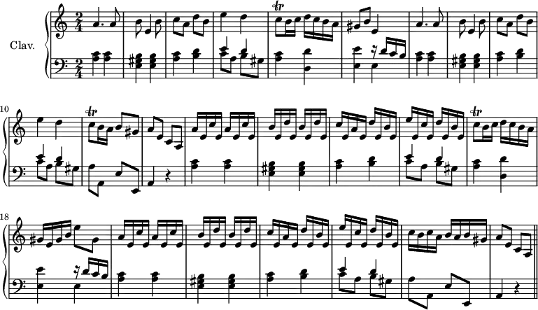 \version "2.18.2"
\header {
  tagline = ##f
  % composer = "Domenico Scarlatti"
  % opus = "K. 61"
  % meter = ""
}
%% les petites notes
trillCq       = { \tag #'print { c8\trill } \tag #'midi { d32 c d c } }
trillCqUp     = { \tag #'print { c'8\trill } \tag #'midi { d32 c d c } }
upper = \relative c'' {
  \clef treble 
  \key a \minor
  \time 2/4
  \tempo 4 = 88
  \set Staff.midiInstrument = #"harpsichord"
  \override TupletBracket.bracket-visibility = ##f
      %s8*0^\markup{Allegro}
      a4. a8 | b8 e,4 b'8 | c a d b | e4 d | \trillCq b16 c d c b a |
      % ms. 6
      gis8 b e,4 | a4. a8 | b8 e,4 b'8 | c a d b | e4 d |
      % ms. 11
      \trillCq b16 a b8 gis | a e c a | 
      % ms. 13 
      \repeat unfold 2 { a'16 e c' e, } | \repeat unfold 2 { b'16 e, d' e, } | c'16 e, a e d' e, b' e, | e' e, c' e, d' e, b' e, |
      % ms. 17
      \trillCqUp b16 c d c b a | gis e gis b e8 gis, |
      % ms. 19
      \repeat unfold 2 { a16 e c' e, } | \repeat unfold 2 { b'16 e, d' e, } | c'16 e, a e d' e, b' e, | e' e, c' e, d' e, b' e, |
      % ms. 23
      c'16 b c a b a b gis | a8 e c a  \bar "||"
}
lower = \relative c' {
  \clef bass
  \key a \minor
  \time 2/4
  \set Staff.midiInstrument = #"harpsichord"
  \override TupletBracket.bracket-visibility = ##f
    % ************************************** \appoggiatura a16  \repeat unfold 2 {  } \times 2/3 { }   \omit TupletNumber 
      < a c >4 q | < e gis b > q | < a c >4 < b d > | << { e4 d } \\ { c8 a b gis } >> | < a c >4 < d, d' > |
      % ms. 6
      < e e' >4 << { r16 d'16 c b } \\ { e,4 } >> | < a c >4 q | < e gis b > q | < a c >4 < b d > | << { e4 d } \\ { c8 a b gis } >> |
      % ms. 11
      a8 a, e' e, | a4 r4 | < a' c >4 q | < e gis b > q | < a c >4 < b d > |
      % ms. 16
      << { e4 d } \\ { c8 a b gis } >> | < a c >4 < d, d' > | < e e' > << { r16 d'16 c b } \\ { e,4 } >> | < a c >4 q | < e gis b > q |
      % ms. 21
      < a c >4 < b d > | << { e4 d } \\ { c8 a b gis } >> | a8 a, e' e, | a4 r4 | 
}
thePianoStaff = \new PianoStaff <<
    \set PianoStaff.instrumentName = #"Clav."
    \new Staff = "upper" \upper
    \new Staff = "lower" \lower
  >>
\score {
  \keepWithTag #'print \thePianoStaff
  \layout {
      #(layout-set-staff-size 17)
    \context {
      \Score
     \override SpacingSpanner.common-shortest-duration = #(ly:make-moment 1/2)
      \remove "Metronome_mark_engraver"
    }
  }
}
\score {
  \keepWithTag #'midi \thePianoStaff
  \midi { }
}