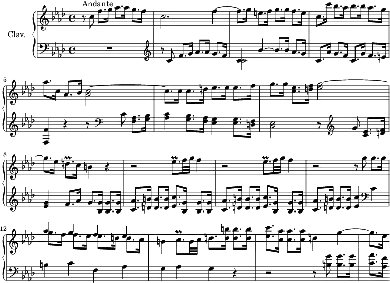 \version "2.18.2"
\header {
  tagline = ##f
}
%% les petites notes
trillDqp         = { \tag #'print { d8.\prall } \tag #'midi { ees32 d ees d~ d16 } }
trillEesqp       = { \tag #'print { ees8.\prall } \tag #'midi { f32 ees f ees~ ees16 } }
trillCqp         = { \tag #'print { c8.\prall } \tag #'midi { d32 c d c~ c16 } }
upper = \relative c'' {
  \clef treble 
  \key f \minor
  \time 4/4
  \tempo 4 = 78
  \set Staff.midiInstrument = #"harpsichord"
      s8*0^\markup{Andante}
      r8 c8 f8. g16 aes8. aes16 g8. f16 | c2. f4~ |
      % ms. 3
      f8. g16 e8. f16 g8. g16 f8. e16 | c8. c'16 bes8. aes16 bes8. bes16 aes8. g16 | aes8. c,16 aes8. bes16 < aes c >2~
      % ms. 6
      c8. c16 c8. d16 ees8. ees16 ees8. f16 | g8. g16 < c, ees >8. < d f >16 < ees g >2~ | g8. ees16 \trillDqp c16 b4 r4 |
      % ms. 9
      \repeat unfold 2 { r2 \trillEesqp f32 g f4 } | r2 r8 g8 g8. g16 |
      % ms. 12
      << { aes4 g f ees } \\ { g8. f16 f8. ees16 ees8. d16 d8. c16 } >> | b4 \trillCqp b32 c d8. < d b' >16 q8. q16 | < ees c' >8. < c aes' >16 q8. q16 d4 g4~ |
      % m. 15
      g8. ees16 
}
lower = \relative c' {
  \clef bass
  \key f \minor
  \time 4/4
  \set Staff.midiInstrument = #"harpsichord"
    % **************************************
      R1 |   \clef treble  r8 c8 f8. g16 aes8. aes16 g8. f16
      % ms. 3
      << { c4 bes'4~ bes8. bes16 aes8. g16 } \\ { c,2 } >> c8. aes'16 g8. f16 c8. g'16 f8. e16 | < f, f' >4 r4 r8   \clef bass c'8 < f, aes >8. < g bes >16 |
      % ms. 6
      < aes c >4 < g bes >8. < f aes >16 < ees g >4 q8. < d f >16 | < c ees >2 r8   \clef treble g''8 < c, ees >8. < d f >16 | < ees g >4 f8. aes16 g8. < bes, g' >16 q8. q16 |
      % ms. 9
      \repeat unfold 2 { < c aes' >8. < d b' >16 q8. q16 < ees c' >8. < bes g' >16 q8. q16 } | < c aes' >8. < d b' >16 q8. q16 < ees c' >4 \clef bass c4 |
      % ms. 12
      b4 c f, aes | g aes g r4 | 
      % ms. 15
      r2 r8 < b g' >8 q8. q16 < c aes' >8. < aes f' >16 % Poursuivre les 5 mesures pour finir la section
}
thePianoStaff = \new PianoStaff <<
    \set PianoStaff.instrumentName = #"Clav."
    \new Staff = "upper" \upper
    \new Staff = "lower" \lower
  >>
\score {
  \keepWithTag #'print \thePianoStaff
  \layout {
      #(layout-set-staff-size 17)
    \context {
      \Score
     \override SpacingSpanner.common-shortest-duration = #(ly:make-moment 1/2)
      \remove "Metronome_mark_engraver"
    }
  }
}
\score {
  \keepWithTag #'midi \thePianoStaff
  \midi { }
}