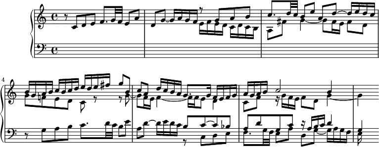 \version "2.14.2"
\header {
  tagline = ##f
}
sujet = { r8 c8 d e f8. g32 f e8 a | d, g~ g16 a g f }
reponse = { r8 g8 a b | c8. d32 c b8 e a, d~ d16 e d c }
upper = \relative c' {
  \clef treble 
  \key c \major
  \time 4/4
  \tempo 4 = 62
  %\autoBeamOff
    \sujet 
    << { \reponse b16 g a b c b c d e d e fis g8 b, c a d16 c b a g8. g16 f e f g a g a b c2 b4 } \\ { e,16 f e d c d c b | a8 fis' g4~ g8 fis16 e fis8 d | g f! e d c r8 r8 g'8~ g f16 e f4~ f16 f e8 d4 | c8 f r16 g16 f e f8 d g4~ g} >>
}
lower = \relative c {
  \clef bass
  \key c \major
  \time 4/4
    s1*3
    \relative c' \reponse
    << { b'8 c~ c bes a d g, c r16 a b c d4 g, } \\ { \relative c \sujet e16 } >>
}
\score {
  \new PianoStaff <<
    % \set PianoStaff.instrumentName = #""
    \new Staff = "upper" \upper
    \new Staff = "lower" \lower
  >>
  \layout {
    \context {
      \Score
      \remove "Metronome_mark_engraver"
      \override SpacingSpanner.common-shortest-duration = #(ly:make-moment 1/3)
    }
  }
  \midi { }
}