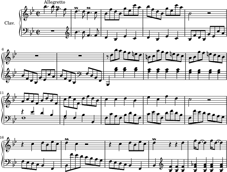 \version "2.18.2"
\header {
  tagline = ##f
}
%% les petites notes
trillFp     = { \tag #'print { f4.\prall } \tag #'midi { g32 f g f~ f4 } }
trillDp     = { \tag #'print { d4.\prall } \tag #'midi { ees32 d ees d~ d4 } }
trillCp     = { \tag #'print { c4.\prall } \tag #'midi { d32 c d c~ c4 } }
trillD      = { \tag #'print { d4\prall } \tag #'midi { ees32 d ees d~ d8 } }
% \times 2/3 {
upper = \relative c'' {
  \clef treble 
  \key bes \major
  \time 2/2
  \tempo 2 = 76
  \set Staff.midiInstrument = #"harpsichord"
     s8*0^\markup{Allegretto}
     bes'4. bes8 \trillFp f8 | \trillDp d8 \trillCp c8 | bes8 f' d bes g' ees c' a | bes f d bes g' ees c' a |
     % ms. 5
     bes,2 r2 | R1*2 | r8 d8 bes' a g f e d |
     % ms. 9
     b8 c a' g f e d c | a bes g' f e d c bes | a c a f bes d bes f | c' ees c f, d' f d bes |
     % ms. 13
     c4 c d bes | ees c f d  | c2 r2 | r4 c4 d8 bes ees c |
     % ms. 17 
     \trillD c4 r2 | r4 c4 d8 bes ees c | \trillD r4 r4 d4 | \repeat unfold 2 { f16 d8.~ d4 }
}
lower = \relative c' {
  \clef bass
  \key bes \major
  \time 2/2
  \set Staff.midiInstrument = #"harpsichord"
    % **************************************
     R1 |   \clef treble  bes'4. bes8 f4. f8 | \repeat unfold 2 { d4 bes ees c } | bes8 f' d bes g' ees c' a | bes f d bes g' ees c' a | bes f d bes   \clef bass f d bes f | bes,4 < bes'' d >4 q q |
     % ms. 9
     < a c >4 q q q | < g bes > q q q | << { r4 ees' d bes | a f } \\ { f1 | f2 } >> bes4 bes, |
     % ms. 13
     f'8 c' a f bes d bes f | c' ees c f, d' f d bes | f f' ees d c bes a g | f ees d c bes4 f |
     % ms. 17
     bes8 f'' ees d c bes a g | f ees d c bes4 f | bes    \clef treble  < bes' f' >4 q q | < bes f' aes > q q q |
     % ms. 21
     
} 
thePianoStaff = \new PianoStaff <<
    \set PianoStaff.instrumentName = #"Clav."
    \new Staff = "upper" \upper
    \new Staff = "lower" \lower
  >>
\score {
  \keepWithTag #'print \thePianoStaff
  \layout {
      #(layout-set-staff-size 17)
    \context {
      \Score
     \override SpacingSpanner.common-shortest-duration = #(ly:make-moment 1/2)
      \remove "Metronome_mark_engraver"
    }
  }
}
\score {
  \keepWithTag #'midi \thePianoStaff
  \midi { }
}