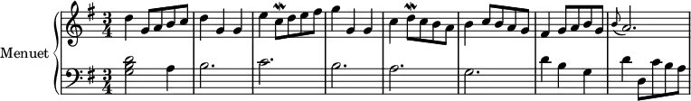 \version "2.14.2"
\header {
  tagline = ##f
}
upper = \relative c'' {
  \clef treble 
  \key g \major
  \time 3/4
  \tempo 2 = 72
  %\autoBeamOff
  
  d4 g,8 a b c | d4 g, g | e' c8\mordent d e fis | g4 g, g | c d8\mordent c b a | b4 c8 b a g | fis4 g8 a b g | 
  \grace b8( a2.)
}
lower = \relative c' {
  \clef bass
  \key g \major
  \time 3/4
    < g b d >2 a4 | b2. c2. b2. a2. g2. | d'4 b g | d' d,8 c' b a 
    
}
\score {
  \new PianoStaff <<
    \set PianoStaff.instrumentName = #"Menuet"
    \new Staff = "upper" \upper
    \new Staff = "lower" \lower
  >>
  \layout {
    \context {
      \Score
      \remove "Metronome_mark_engraver"
    }
  }
  \midi { }
}