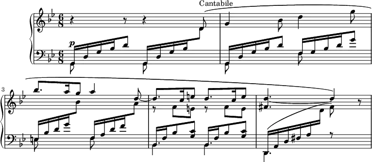 \version "2.18.2"
\header {
  tagline = ##f
}
upper = \relative c' {
  \clef treble 
  \key g \minor
  \time 6/8
  \tempo 4. = 52
  \tempo "Andantino quasi allegretto"
  \set Staff.midiInstrument = #"flute"
   % Fauré, op. 78
   r4 r8 r4 d8^\markup{Cantabile}\( | g4 bes8 d4 g8 \stemUp bes8. a16 g8 a4 d,8~ d8.c16 e8 d8.c16 e8 < d fis, >4.~ d4\) r8  
}
lower = \relative c {
  \clef bass
  \key g \minor
  \time 6/8
  \set Staff.midiInstrument = #"orchestral harp" % A FAIRE : la voix upper doit sonner en harpe
   << 
   % Arpèges
   { g16 d' g bes d8 g,,16 d' g bes \stemDown \change Staff = "upper" d8  \stemUp \change Staff = "lower" g,,16 d' g bes d8  f,16 g bes d g8   e,16 bes' d g  \stemDown \change Staff = "upper" bes8 \stemUp \change Staff = "lower" f,16 a d f \stemDown \change Staff = "upper" a8 \stemUp \change Staff = "lower" \repeat unfold 2 { bes,,16  f' bes8 < g c >8 } d,16\( a' d fis a \stemDown \change Staff = "upper" d16 fis8\) } 
  % juste les notes accompagnement sur upper
 \\ { \stemDown \change Staff = "upper" s4.*4 s4 s8 s4 s8 r8 f8 e r8 f8 e } 
  % Basse
 \\ { \stemDown g,,8^\p s4 g8 s4 | g8 s4 f'8 s4 e8 s4 f8 s4 \mergeDifferentlyDottedOn bes,4. bes d, r8 s4 } >>
   
} 
\score {
  \new PianoStaff <<
    \set PianoStaff.instrumentName = #""
    \new Staff = "upper" \upper
    \new Staff = "lower" \lower
  >>
  \layout {
    \context {
      \Score
      \remove "Metronome_mark_engraver"
     % \override SpacingSpanner.common-shortest-duration = #(ly:make-moment 1/3)
    }
  }
  \midi {
    \context {
      \Staff
      \remove "Staff_performer"
    }
  \context {
      \Voice
      \consists "Staff_performer"
    } }
}