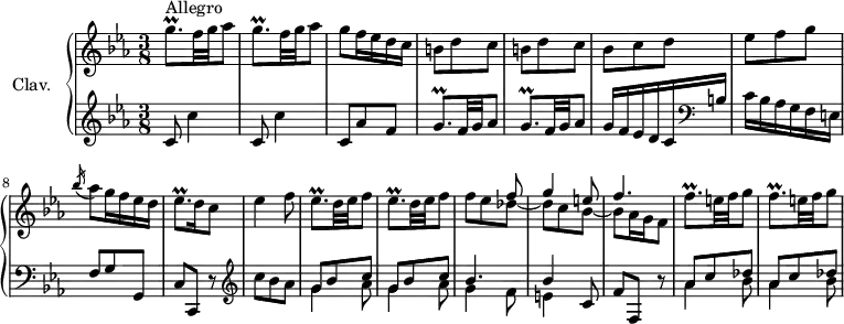 \version "2.18.2"
\header {
  tagline = ##f
  % composer = "Domenico Scarlatti"
  % opus = "K. 303"
  % meter = "Allegro"
}
%% les petites notes
trillGqpUp     = { \tag #'print { g'8.\prall } \tag #'midi { a32 g a g~ g16 } }
trillGqp       = { \tag #'print { g8.\prall } \tag #'midi { a32 g a g~ g16 } }
trillEesqp     = { \tag #'print { ees8.\prall } \tag #'midi { f32 ees f ees~ ees16 } }
trillFqpUp     = { \tag #'print { f'8.\prall } \tag #'midi { g32 f g f~ f16 } }
upper = \relative c'' {
  \clef treble 
  \key c \minor
  \time 3/8
  \tempo 4. = 62
  \set Staff.midiInstrument = #"harpsichord"
  \override TupletBracket.bracket-visibility = ##f
      s8*0^\markup{Allegro}
      \repeat unfold 2 { \trillGqpUp f32 g aes8 } | g8 f16 ees d c | \repeat unfold 2 { b8 d c }
      % ms. 6
      bes8 c d | ees f g | \acciaccatura bes16 aes8 g16 f ees d | \trillEesqp d16 c8 | ees4 f8 | \repeat unfold 2 { \trillEesqp d32 ees f8 }
      % ms. 13
      << { s4 f8 | g4 e8 | f4. } \\ { f8 ees des~ | des c bes~ | bes aes16 g f8 } >> | \repeat unfold 2 { \trillFqpUp e32 f g8 }
      % ms. 18
      
      % ms. x
      
}
lower = \relative c' {
  \clef bass
  \key c \minor
  \time 3/8
  \set Staff.midiInstrument = #"harpsichord"
  \override TupletBracket.bracket-visibility = ##f
    % ************************************** 
        \clef treble \repeat unfold 2 { c8 c'4 } | c,8 aes' f | \repeat unfold 2 { \trillGqp f32 g aes8 } |
      % ms. 6
      g16 f ees d c   \clef bass b | c bes aes g f e | f8 g g, | c c, r8 |  \clef treble c'''8 bes aes | \repeat unfold 2 { << { g8 bes c } \\ { g4 aes8 } >> }
      % ms. 12
      << { bes4. | bes4 c,8 } \\ { g'4 f8 | e4 } >> f8 f, r8 | \repeat unfold 2 { << { aes'8 c des } \\ { aes4 bes8 } >> }
      % ms. 18
      
      % ms. x
      
}
thePianoStaff = \new PianoStaff <<
    \set PianoStaff.instrumentName = #"Clav."
    \new Staff = "upper" \upper
    \new Staff = "lower" \lower
  >>
\score {
  \keepWithTag #'print \thePianoStaff
  \layout {
      #(layout-set-staff-size 17)
    \context {
      \Score
     \override SpacingSpanner.common-shortest-duration = #(ly:make-moment 1/2)
      \remove "Metronome_mark_engraver"
    }
  }
}
\score {
  \keepWithTag #'midi \thePianoStaff
  \midi { }
}