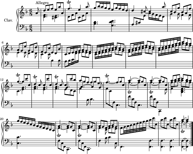 \version "2.18.2"
\header {
  tagline = ##f
}
%% les petites notes
trillFpUp = { \tag #'print { f'4.\trill~ } \tag #'midi { \times 2/3 { g16 f g f g f~ } f8~ } }
trillFp = { \tag #'print { f4.\trill~ } \tag #'midi { \times 2/3 { g16 f g f g f~ } f8~ } } % liaison au cas où
trillGp = { \tag #'print { g4.\trill~ } \tag #'midi { \times 2/3 { a16 g a g a g~ } g8~ } }
trillDp = { \tag #'print { d4.\trill } \tag #'midi { \times 2/3 { e16 d e d e d~ } d8 } }
trillD = { \tag #'print { d4\trill } \tag #'midi { \times 2/3 { e16 d e d e d } } }
upper = \relative c'' {
  \clef treble 
  \key d \minor
  \time 6/8
  \tempo 4. = 82
  \set Staff.midiInstrument = #"harpsichord"
  \repeat volta 2 {
    \partial 8
    s8*0^\markup{Allegro}
    a8 | \stemUp d e f e a a, | \trillFpUp e4 a8 | g8 bes16 a g f e8 g16 f e d | d4 cis8~ cis4 a'8 |
      % ms. 5
      c,8 bes g' bes, a f' | a, g e' g, f d' | f, e c' e, d bes' | c,8 d16 e f g a8 g f | e16 f g a bes c d8 c bes |
      % ms. 10
      a8 bes16 c d e  f8 e d | c16 d e f g a32 bes c8 bes a | \trillGp g8 c c, | \trillD c8 c c' c, | \trillD c8 c c' bes |
      % ms. 15
      a8 g f f g e | \trillFp f8 g c, | \repeat unfold 2 { << { a'4.~ a8 g c, } \\ { \trillFp f4 } >> } << { a8 bes c~ c bes a } \\ { f8 g a~ a g f } >>
      % ms. 20
      g16 f e d c bes a g f e d c | \repeat unfold 2 { << { a'4.~ a8 g c, } \\ { \trillFp f4 } >> } | << { a8 g f a bes g } \\ { f4 d8 f g e } >> \stemDown f8 g32 a bes c d e f g \repeat unfold 3 { a8 c c, } |
      % ms. 26
      << { a'4.~ a4 } \\ { \trillFp f4 } >> }%reprise
}
lower = \relative c' {
  \clef bass
  \key d \minor
  \time 6/8
  \set Staff.midiInstrument = #"harpsichord"
  \repeat volta 2 {
    % *****************************
      s8 | \stemDown \change Staff = "upper" < d f >4. < cis e > d8 f a | c, e a | \change Staff = "lower" < bes, d >4. < g d' e > | \stemUp a8 cis \stemDown \change Staff = "upper" e a16 g f e d8 |
      % ms. 5
      g4 g8 f4 f8 | e4 e8 d4 d8 | c4 c8 \change Staff = "lower" bes4 bes8 | a8 bes16 c \change Staff = "upper" d16 e f8 e d | c16 d e f g a bes8 a g 
      % ms. 10
      f8 g16 a bes c d8 c bes | a16 bes c d e f32 g  a8 g f | c,4. < e g > | < f a > < e g > | < f a > << { \shiftOn g4. | a~ a4 g8 } \\ { e8 d c | f4 \change Staff = "lower" bes,8 c4. } >>
      % ms. 16
      \change Staff = "upper" f8 c \change Staff = "lower" f,8 c4. | f'8 c f, | c4.  |  f'8 c f, | c,4  \change Staff = "upper" e''8 | f4 s8 < bes, d f >4. |
      % ms. 20
      \change Staff = "lower" < c, c' >4. s4. | f8 c f, c4. | f'8 c f, c4. | f'4 bes8 c4 c,8 | f,4. < f f' > q   \tempo 4. = 66 q q~ q4   \tempo 4. = 82 }%reprise
}
thePianoStaff = \new PianoStaff <<
    \set PianoStaff.instrumentName = #"Clav."
    \new Staff = "upper" \upper
    \new Staff = "lower" \lower
  >>
\score {
  \keepWithTag #'print \thePianoStaff
  \layout {
      #(layout-set-staff-size 17)
    \context {
      \Score
     \override SpacingSpanner.common-shortest-duration = #(ly:make-moment 1/2)
      \remove "Metronome_mark_engraver"
    }
  }
}
\score {
  \unfoldRepeats
  \keepWithTag #'midi \thePianoStaff
  \midi { }
}