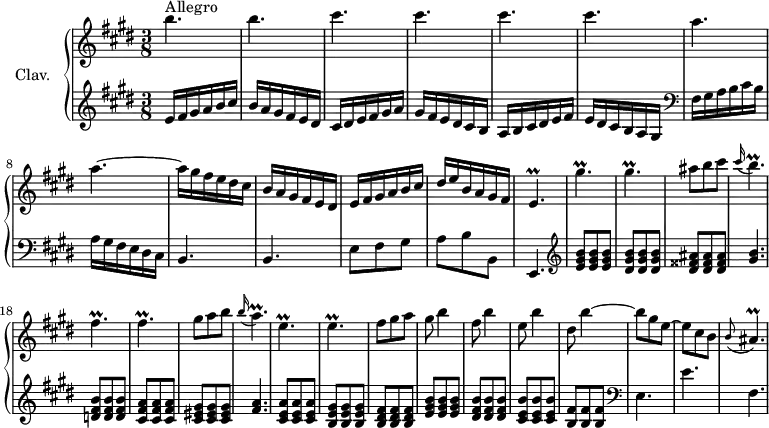 \version "2.18.2"
\header {
  tagline = ##f
}
%% les petites notes
trillE           = { \tag #'print { e4.\prall } \tag #'midi { \repeat unfold 2 { fis32 e } fis e~ e8. } }
trillEFinPhrase  = { \tag #'print { e4.\prall } \tag #'midi { \repeat unfold 2 { fis32 e } fis \tempo 4. = 72 e~ e8. \tempo 4. = 80 }}
trillGisUp       = { \tag #'print { gis'4.\prall } \tag #'midi { \repeat unfold 2 { a32 gis } a gis~ gis8. } }
trillGis         = { \tag #'print { gis4.\prall } \tag #'midi { \repeat unfold 2 { a32 gis } a gis~ gis8. } }
trillFis         = { \tag #'print { fis4.\prall } \tag #'midi { \repeat unfold 2 { gis32 fis } gis fis~ fis8. } }
trillA           = { \tag #'print { a4.\prall } \tag #'midi { \repeat unfold 2 { b32 a } b \tempo 4. = 72 a~ a8. \tempo 4. = 80 } }
trillBAppo       = { \tag #'print { \appoggiatura cis16 b4.\prall } \tag #'midi { \repeat unfold 2 { cis32 b } cis \tempo 4. = 72 b~ b8. \tempo 4. = 80 } }
trillAAppo       = { \tag #'print { \appoggiatura b16 a4.\prall } \tag #'midi { \repeat unfold 2 { b32 a } b a~ a8. } }
trillAisAppo     = { \tag #'print { \appoggiatura b8 ais4.\prall } \tag #'midi { \tempo 4. = 72 \repeat unfold 2 { b32 ais } b \tempo 4. = 50 ais~ ais8. } }
upper = \relative c'' {
  \clef treble 
  \key e \major
  \time 3/8
  \tempo 4. = 80
  \set Staff.midiInstrument = #"harpsichord"
    b'4.^\markup{Allegro} b cis cis cis cis a a~ a16 gis fis e dis cis | b a gis fis e dis | e fis gis a b cis | dis e b a gis fis |
    % ms. 13
    \trillEFinPhrase \trillGisUp \trillGis ais8 b cis | \trillBAppo | \trillFis 
    % ms. 19
    \trillFis | gis8 a b | \trillAAppo | \trillE | \trillE | fis8 gis a | gis b4 | 
    % ms. 26
    fis8 b4 | e,8 b'4 | dis,8 b'4~ | b8 gis e~ | e cis b | \trillAisAppo
}
lower = \relative c' {
  \clef bass
  \key e \major
  \time 3/8
  %\omit Staff.TimeSignature
  \set Staff.midiInstrument = #"harpsichord"
    % **************************************
       \clef treble e16 fis gis a b cis | b a gis fis e dis | cis dis e fis gis a | gis fis e dis cis b | a b cis dis e fis |
     % ms. 6
     e16 dis cis b a gis |  \clef bass fis gis a b cis b | a gis fis e dis cis | b4. | b | e8 fis gis | 
     % ms. 12
     a8 b b, | e,4. |   \clef treble < e'' gis b >8 q q | < dis gis b >8 q q | < dis fisis ais >8 q q | < gis b >4. | < d fis b >8 q q |
     % ms. 19
     < cis fis a >8 q q | < cis eis gis >8 q q | < fis a >4. | < cis e a >8 q q | < b e gis >8 q q | < b dis fis >8 q q | < e gis b >8 q q | 
     % ms. 26
     < dis fis b >8 q q | < cis e b' >8 q q | < b fis' >8 q q | \clef bass e,4. | e' | fis, | 
} 
thePianoStaff = \new PianoStaff <<
    \set PianoStaff.instrumentName = #"Clav."
    \new Staff = "upper" \upper
    \new Staff = "lower" \lower
  >>
\score {
  \keepWithTag #'print \thePianoStaff
  \layout {
      #(layout-set-staff-size 17)
    \context {
      \Score
     \override SpacingSpanner.common-shortest-duration = #(ly:make-moment 1/2)
      \remove "Metronome_mark_engraver"
    }
  }
}
\score {
  \keepWithTag #'midi \thePianoStaff
  \midi { }
}