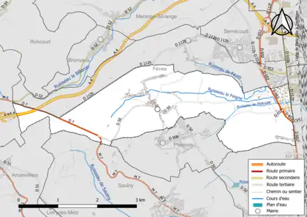 Carte en couleur présentant le réseau hydrographique de la commune