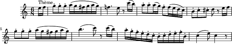 \version "2.18.2"
\header {
  tagline = ##f
  % composer = ""
  % opus = ""
  % meter = "Rondo allegro"
}
\score {
<<
  \relative c'' {
    \key a \minor
    \time 6/8
    \tempo 4. = 80
    \override TupletBracket #'bracket-visibility = ##f 
    
     %%%%%% K622
     \partial 8 e16^\markup "Thème" f g8-. g-. g-. a16( g fis g a g) f!4. e8 r8 c'16( b) a8-. a-. a16( g) f8-. f16( e d c)
     b8-. c-. cis-. d r8
     e16 f g8-. g-. g-. a16( g fis g a g) b4.( c8) r8 c16( b) a-. g-. f-. e-. d-. c-. b-. c-. d-. e-. f-. b,-. c4( e8) c4 r8
  }
>>
  \layout {
     #(layout-set-staff-size 17)
     \context { \Score \remove "Metronome_mark_engraver" 
     \override SpacingSpanner.common-shortest-duration = #(ly:make-moment 1/2)
     }
  }
  \midi { \set Staff.midiInstrument = #"clarinet" }
}