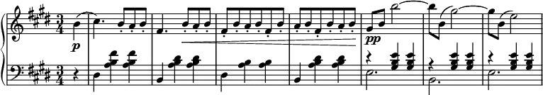 
\new PianoStaff <<{ \new Staff {\key cis \minor \time 3/4 \set Score.tempoHideNote = ##t \tempo 2. = 54 \relative a' { \partial 4 b(\p cis4.) b8-. a-. b-. fis4. b8-.\< a-. b-. fis[-. b-. a-. b-. fis-. b]-. a[-. b-. fis-. b-. a-. b]-.\! gis[_\markup{\halign #-1 \dynamic pp} b] b'2)~ b8 b,( gis'2)~ gis8 b,( e2) } }}
  \new Staff {\clef bass \key cis \minor \time 3/4 \relative a {r4 dis, <a' b fis'> q b, <a' b dis> q dis, <a' b> q b, <a' b dis> q 
<<
{r4 <gis b e>4 q r <gis b e> q r <gis b e> q}
\\
{e2. b e }
>>
}}
>>