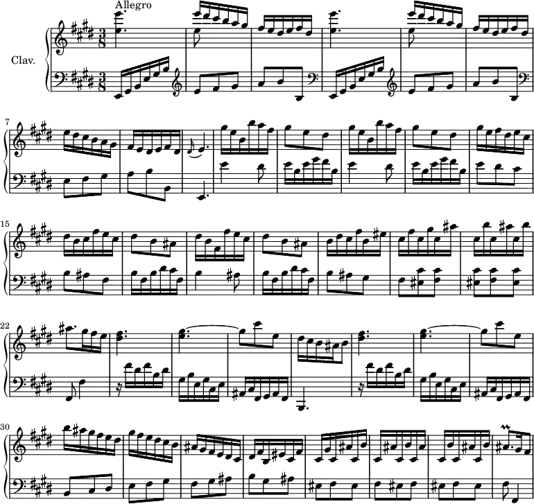 \version "2.18.2"
\header {
  tagline = ##f
}
%% les petites notes
AppoEp         = { \tag #'print { \appoggiatura dis16 e4. } \tag #'midi { dis8 \tempo 4. = 45 e4 \tempo 4. = 72 } }
trillAisqp     = { \tag #'print { ais8.\prall } \tag #'midi { b32 ais b ais~  \tempo 4. = 35 ais16 } }
upper = \relative c'' {
  \clef treble 
  \key e \major
  \time 3/8
  \tempo 4. = 72
  \set Staff.midiInstrument = #"harpsichord"
    s8*0^\markup{Allegro}
    \repeat unfold 2 { < e e' >4. | << { e'16 dis cis b a gis | fis e dis e fis dis } \\ { e8 } >> } |
    % ms. 7
    e16 dis cis b a gis | fis e dis e fis dis | \AppoEp | \repeat unfold 2 { gis'16 e b b' a fis | gis8 e dis } |
    % ms. 14
    gis16 e fis dis e cis | dis b cis fis e cis | dis8 b ais | dis16 b fis fis' e cis | dis8 b ais | b16 dis cis fis b, eis |
    % ms. 20
    cis16 fis cis gis' cis, ais' | cis, b' cis, ais' cis, b' |  \tempo 4. = 45 ais8.  \tempo 4. = 72 gis16 fis e | < dis fis >4. < e gis >~ gis8 cis e, | dis16 cis b ais b8 |
    % ms. 27
    < dis fis >4. < e gis >~ gis8 cis e, | b'16 ais gis fis e dis | gis fis e dis cis b  | ais gis fis e dis cis |
    % ms. 33
    dis16 fis b, eis cis fis | cis gis' \repeat unfold 4 { cis, ais' cis, b' } | \trillAisqp gis16 fis8 |
}
lower = \relative c {
  \clef bass
  \key e \major
  \time 3/8
  \set Staff.midiInstrument = #"harpsichord"
    % **************************************
    \repeat unfold 2 { \clef bass e,16 gis b e gis b |   \clef treble  e8 fis gis | a b b, } | \clef bass
    % ms. 7
    e,8 fis gis | a b b, | e,4. | \repeat unfold 2 { e''4 dis8 | e16 b e gis fis b, } |
    % ms. 14
    e8 dis cis | b ais fis | b16 fis b dis cis fis, | b4 ais8 | b16 fis b dis cis fis, | b8 ais gis |
    % ms. 20
    fis8 \repeat unfold 2 { < eis cis' >8 < fis cis' > } < eis cis' >8 fis,8 fis'4 | r16 fis'16 dis fis b, dis  | gis, b e, gis cis, e ais, cis fis, gis ais fis | b,4. |
    % ms. 27 
    r16 fis'''16 dis fis b, dis  | gis, b e, gis cis, e ais, cis fis, gis ais fis | b8 cis dis | e fis gis | fis gis ais |
    % ms. 33
    b8 gis ais | \repeat unfold 4 { eis8 fis } eis8 | fis8 fis,4 |
} 
thePianoStaff = \new PianoStaff <<
    \set PianoStaff.instrumentName = #"Clav."
    \new Staff = "upper" \upper
    \new Staff = "lower" \lower
  >>
\score {
  \keepWithTag #'print \thePianoStaff
  \layout {
      #(layout-set-staff-size 17)
    \context {
      \Score
     \override SpacingSpanner.common-shortest-duration = #(ly:make-moment 1/2)
      \remove "Metronome_mark_engraver"
    }
  }
}
\score {
  \keepWithTag #'midi \thePianoStaff
  \midi { }
}
