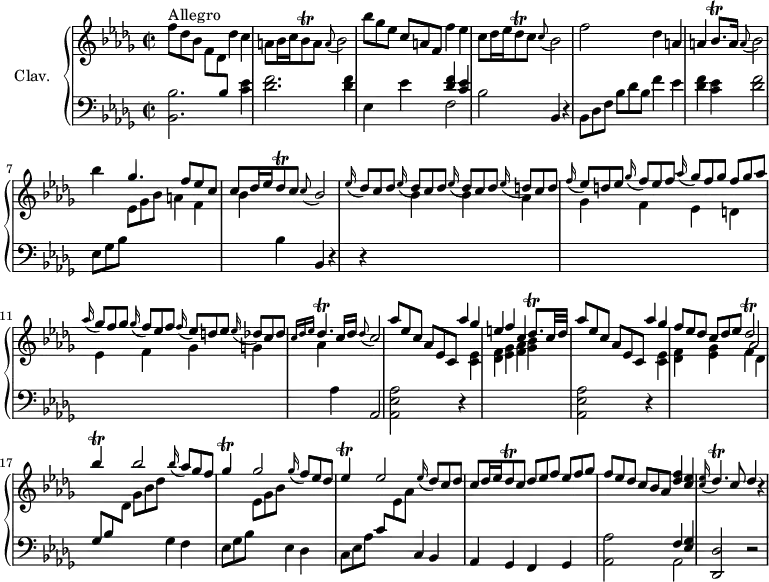 
\version "2.18.2"
\header {
  tagline = ##f
  % composer = "Domenico Scarlatti"
  % opus = "K. 128"
  % meter = "Allegro"
}

%% les petites notes
trillBesq      = { \tag #'print { bes8\trill } \tag #'midi { \times 2/3 { bes16 c bes } } }
trillBesqp     = { \tag #'print { bes8.\trill } \tag #'midi { \times 2/3 { bes16 c bes~ } bes16 } }
trillDesq      = { \tag #'print { des8\trill } \tag #'midi { \times 2/3 { des16 ees des } } }
trillDesqp     = { \tag #'print { des8.\trill } \tag #'midi { \times 2/3 { des16 ees des~ } des16 } }
trillDesb      = { \tag #'print { des2\trill } \tag #'midi { \times 2/3 { ees16 des ees } \tempo 2 = 60 des8~ \tempo 2 = 10 des4  \tempo 2 = 70 } }
trillBesUp     = { \tag #'print { bes'4\trill } \tag #'midi { \times 2/3 { c16 bes c } bes8 } }
trillDesp      = { \tag #'print { des4.\trill } \tag #'midi { \times 2/3 { ees16 des ees } des4 } }
trillGes       = { \tag #'print { ges4\trill } \tag #'midi { \times 2/3 { aes16 ges aes } ges8 } }
trillEes       = { \tag #'print { ees4\trill } \tag #'midi { \times 2/3 { f16 ees f } ees8 } }
appoABesb      = { \tag #'print { \appoggiatura a8 bes2 } \tag #'midi { \tempo 2 = 60 a4  \tempo 2 = 50 bes4   \tempo 2 = 70 } }
appoCBesb      = { \tag #'print { \appoggiatura c8 bes2 } \tag #'midi { \tempo 2 = 60 c4  \tempo 2 = 50 bes4   \tempo 2 = 70 } }
appoDesCb      = { \tag #'print { \appoggiatura des8 c2 } \tag #'midi { \tempo 2 = 60 des4  \tempo 2 = 50 c4   \tempo 2 = 70 } }

upper = \relative c'' {
  \clef treble 
  \key bes \minor
  \time 2/2
  \tempo 2 = 70
  \set Staff.midiInstrument = #"harpsichord"
  \override TupletBracket.bracket-visibility = ##f

      s8*0^\markup{Allegro}
      \omit TupletNumber \times 2/3 { f8 des bes } \times 2/3 { f8[ des  \stemUp  \change Staff = "lower" bes] } \stemNeutral   \change Staff = "upper" des'4 c |
      a8 bes16 c \trillBesq a8 \appoABesb |
      \times 2/3 { bes'8 ges ees } \times 2/3 { c8[ a f] } f'4 ees |
      c8 des16 ees \trillDesq c8 \appoCBesb | 
      % ms. 5
      f'2 des4 a | a \trillBesqp a16  \appoABesb | bes'4 \stemUp ges4. f8 ees c | c8 des16 ees \trillDesq c8 \appoCBesb | 
      % ms. 9
      \repeat unfold 3 { \appoggiatura ees16 \times 2/3 { des8[ c des] } } \appoggiatura ees16 \times 2/3 { d8 c d } |
      \appoggiatura f16 \times 2/3 { ees8[ d ees] } \appoggiatura ges16 \times 2/3 { f8 ees f } \appoggiatura aes16 \times 2/3 { ges8[ f ges] } \times 2/3 { f8[ ges aes] } |
      \appoggiatura aes16 \times 2/3 { ges8[ f ges] } \appoggiatura ges16 \times 2/3 { f8 ees f } \appoggiatura f16 \times 2/3 { ees8[ d ees] } \appoggiatura ees16 \times 2/3 { des8 c des } |
      % ms. 12
      \grace {  \tempo 2 = 46 c16 des ees }  \tempo 2 = 70 \trillDesp c16 des \appoDesCb | \times 2/3 { aes'8 ees c } \times 2/3 { aes8[ ees c] } aes''4 ges | e f c \trillDesqp c32 des | \times 2/3 { aes'8 ees c } \times 2/3 { aes8[ ees c] } aes''4 ges |
      % ms. 16
      \times 2/3 { f8 ees des } \times 2/3 { c8[ des ees] } \trillDesb | \trillBesUp bes2 \appoggiatura bes16 \times 2/3 { aes8 ges f } | \trillGes ges2 \appoggiatura ges16 \times 2/3 { f8 ees des } |
      % ms. 19
      \trillEes ees2 \appoggiatura ees16 \times 2/3 { des8 c des } | c8 des16 ees \trillDesq c8 \times 2/3 { des8 ees f } \times 2/3 { ees8[ f ges] } |
      \times 2/3 { f8 ees des } \times 2/3 { c8[ bes aes] } < des f >4 < c ees > | \appoggiatura < c ees >16  \trillDesp   \tempo 2 = 60 c8 des4 r4 |

}

lower = \relative c' {
  \clef bass
  \key bes \minor
  \time 2/2
  \set Staff.midiInstrument = #"harpsichord"
  \override TupletBracket.bracket-visibility = ##f

    % ************************************** \appoggiatura a16  \repeat unfold 2 {  } \times 2/3 { }   \omit TupletNumber

      < bes, bes' >2. < c' ees >4 | < des f >2. q4 | ees,4 ees' << { < des f >4 < c ees > } \\ { f,2 } >> | bes2 bes,4 r4 |
      % ms. 5
      \omit TupletNumber \times 2/3 { bes8[ des f] } \times 2/3 { bes8 des bes } f'4 ees | < des f > < c ees > < des f >2 | \times 2/3 { ees,8[ ges bes] } \stemDown \change Staff = "upper" \times 2/3 { ees8[ ges bes] } a4 f | bes \stemNeutral \change Staff = "lower" bes, bes,  r4  |
      % ms. 9
      r4 \stemDown \change Staff = "upper"  bes''4 bes aes | ges f ees d | ees f ges g |
      % ms. 12
      aes4 \stemNeutral \change Staff = "lower"  aes, aes,2 | < aes ees' aes >2 r4 \stemDown \change Staff = "upper" < c' ees >4 | < des f > < ees ges > < f aes > < ges bes > \stemNeutral \change Staff = "lower" < aes,, ees' aes >2 r4 \stemDown \change Staff = "upper" < c' ees >4 |
      % ms. 16
      < des f >4 < ees ges > << {  \shiftOn aes2 } \\ { f4   \tempo 2 = 60 des } >>   \tempo 2 = 72 |
      \stemNeutral \change Staff = "lower" \times 2/3 { ges,8[ bes \stemDown \change Staff = "upper" des] } \times 2/3 { ges8[ bes des] } \stemNeutral \change Staff = "lower" ges,,4 f |
      \times 2/3 { ees8 ges bes } \stemDown \change Staff = "upper" \times 2/3 { ees8[ ges bes] } \stemNeutral \change Staff = "lower" ees,,4 des | 
      % ms. 19
      \times 2/3 { c8[ ees aes] } \times 2/3 { c8 \stemDown \change Staff = "upper" ees aes } \stemNeutral \change Staff = "lower" c,,4 | bes aes ges f ges | < aes aes' >2 << { f'4 < ees ges > } \\ { aes,2 } >> | < des, des' >2 r2 |

}

thePianoStaff = \new PianoStaff <<
    \set PianoStaff.instrumentName = #"Clav."
    \new Staff = "upper" \upper
    \new Staff = "lower" \lower
  >>

\score {
  \keepWithTag #'print \thePianoStaff
  \layout {
      #(layout-set-staff-size 17)
    \context {
      \Score
     \override SpacingSpanner.common-shortest-duration = #(ly:make-moment 1/2)
      \remove "Metronome_mark_engraver"
    }
  }
}

\score {
  \keepWithTag #'midi \thePianoStaff
  \midi { }
}
