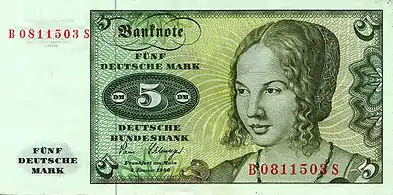 Portait d'une vénitienne (1505) sur le billet de 5 DM, 1963