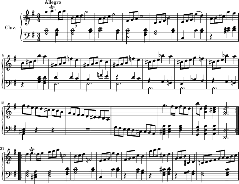 
\version "2.18.2"
\header {
  tagline = ##f
  % composer = "Domenico Scarlatti"
  % opus = "K. 75"
  % meter = "Allegro"
}

%% les petites notes
trillAp       = { \tag #'print { a4.\trill } \tag #'midi { b32 a b a b a b a~ a8 } }
trillEp       = { \tag #'print { e4.\trill } \tag #'midi { fis32 e fis e fis e fis e~ c8 } }

upper = \relative c'' {
  \clef treble 
  \key g \major
  \time 3/4
  \tempo 4 = 102
  \set Staff.midiInstrument = #"harpsichord"
  \override TupletBracket.bracket-visibility = ##f

  \repeat volta 2 {
      s8*0^\markup{Allegro}
      g'4 \trillAp g16 a | \times 2/3 { b,8 c d } g2 | \omit TupletNumber  \times 2/3 { a,8 b c } e2 | \times 2/3 { fis,8 g a } c2 |
      % ms. 5
      \times 2/3 { d,8 e fis } b2 | \times 2/3 { e,8 fis g } e'4( d) | \times 2/3 { a8 b cis } g'4 fis | \times 2/3 { b,8 cis d } b'4 a |
      % ms. 9
      \times 2/3 { gis,8 a b } f'4 e | \times 2/3 { gis,8 a b } d4 c | \times 2/3 { gis8 a b } f'4 e | \times 2/3 { cis8 d e } bes'4 a |
      % ms. 13
      \times 2/3 { cis,8 d e } g4 f | \times 2/3 { cis8 d e } bes'4 a | \times 2/3 { g8 fis e e[ d cis] cis b a | g8 fis e e[ d cis] cis b a } |
      % ms. 17
      s2. | g''4.  fis16 e \times 2/3 { fis8 e d } | b'8 d, < a d fis >4 < a cis e > | < fis a d >2. }%repet
      \bar ":..:"
      % ms. 21
      d'4 \trillEp d16 e | \times 2/3 { fis8 g a } c,!2 | \times 2/3 { b8 c d } f,2 | \times 2/3 { e8 fis g } e'4 d |
      % ms. 25
      \times 2/3 { fis,8 g a } c4 b | \times 2/3 { g'8 a b } cis,4 d | \times 2/3 { g,8 a b } cis,4 d | \times 2/3 { c!8 d e | fis[ g a] a b c } 

}

lower = \relative c' {
  \clef bass
  \key g \major
  \time 3/4
  \set Staff.midiInstrument = #"harpsichord"
  \override TupletBracket.bracket-visibility = ##f

  \repeat volta 2 {
    % **************************************
      < g b d >2 < fis a d >4 | < g b d >2 < b d >4 | < c e >2 < a c >4 | < d, a' d >2 < fis a d >4 |
      % ms. 5
      < g b >2 < b d >4 | c,4 c' < b d > | r4 < cis e >4 < d fis > | r4 < g, b d >4 < fis a d > |
      % ms. 9
      << { d'4 d c  | b f' e | r4 d4 c } \\ { e,2. e e }  >>
      % ms. 12
      << { r4 g4 f | e bes' a | r4 g4 f | < cis e > } \\ {  a2. a a | a4 } >> r4 r4 | R2. |
      % ms. 17
      \omit TupletNumber \times 2/3 { g'8 fis e e[ d cis] cis b a } | < a cis e a >4 < cis e a > < d fis a > | < g, d' g > < a d a' > < a e' a > | < d, d' >2. }%repet
      \bar ":..:"
      % ms. 21
      < d' fis a >2 < cis e a >4 | < d fis a >2 <fis a d >4 | < g b d >2 < b d >4 | c,4 c' < b d >
      % ms. 25
      r4 < a c >4 < g b > | r4 < e g cis >4 < fis a d > | r4 < g a >4 < fis a > | < e g >2 < e g c >4

}

thePianoStaff = \new PianoStaff <<
    \set PianoStaff.instrumentName = #"Clav."
    \new Staff = "upper" \upper
    \new Staff = "lower" \lower
  >>

\score {
  \keepWithTag #'print \thePianoStaff
  \layout {
      #(layout-set-staff-size 17)
    \context {
      \Score
     \override SpacingSpanner.common-shortest-duration = #(ly:make-moment 1/2)
      \remove "Metronome_mark_engraver"
    }
  }
}

\score {
  \unfoldRepeats 
  \keepWithTag #'midi \thePianoStaff
  \midi { }
}
