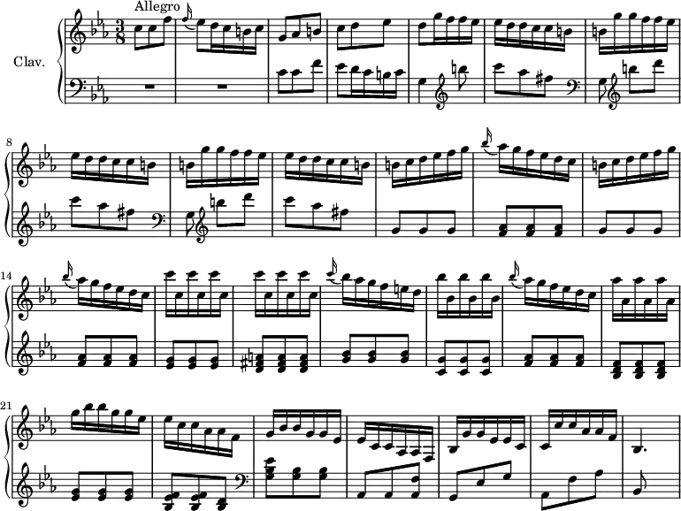 
\version "2.18.2"
\header {
  tagline = ##f
}

upper = \relative c'' {
  \clef treble 
  \key c \minor
  \time 3/8
  \tempo 4. = 62
  \set Staff.midiInstrument = #"harpsichord"
  \override TupletBracket.bracket-visibility = ##f

      s8*0^\markup{Allegro}
      c8 c f | \appoggiatura f16 ees8 d16 c b c | g8 aes b | c d ees | d g16 f f ees | ees d d c c b |
      % ms. 7
      \repeat unfold 2 { b16 g' g f f ees | ees d d c c b } | \repeat unfold 2 { b16 c d ees f g | \appoggiatura bes16 aes16 g f ees d c }
      % ms. 15
      \repeat unfold 6 { c'16 c, } \appoggiatura c'16 bes16 aes g f e d | \repeat unfold 3 { bes'16 bes, }
      % ms. 22
      \appoggiatura bes'16 aes16 g f ees d c \repeat unfold 3 { aes'16 aes, } g'16 bes bes g g ees | ees c c aes aes f | g bes bes g g ees | ees c c aes aes f | 
      % ms. 25
      bes16 g' g ees ees c | c c' c aes aes f | bes,4.~ % Poursuivre jusqu'à la mesure 44…


}

lower = \relative c' {
  \clef bass
  \key c \minor
  \time 3/8
  \set Staff.midiInstrument = #"harpsichord"
  \omit Staff.TimeSignature

    % **************************************
     R4.*2 | c8 c f | ees d16 c b c | g4   \clef treble b''8 | c aes fis | 
      % ms. 7
      \repeat unfold 2 {  \clef bass  g,,8 \clef treble b''8[ d] | c aes fis } | \repeat unfold 2 { g, g g | < f aes >8 q q } |
      % ms. 15
      < ees g >8 q q | < d fis a > q q | < g bes > q q | < c, g' > q q |
      % ms. 19 
      < f aes >8 q q | < bes, d f > q q | < ees g > q q | < bes ees f > q < bes d >   \clef bass < g bes ees >8 < g bes > q | aes, aes < aes f' >
      % ms. 25
      g8 ees' g | aes, f' aes | bes,

}

thePianoStaff = \new PianoStaff <<
    \set PianoStaff.instrumentName = #"Clav."
    \new Staff = "upper" \upper
    \new Staff = "lower" \lower
  >>

\score {
  \keepWithTag #'print \thePianoStaff
  \layout {
      #(layout-set-staff-size 17)
    \context {
      \Score
     \override SpacingSpanner.common-shortest-duration = #(ly:make-moment 1/3)
      \remove "Metronome_mark_engraver"
    }
  }
}

\score {
  \keepWithTag #'midi \thePianoStaff
  \midi { }
}
