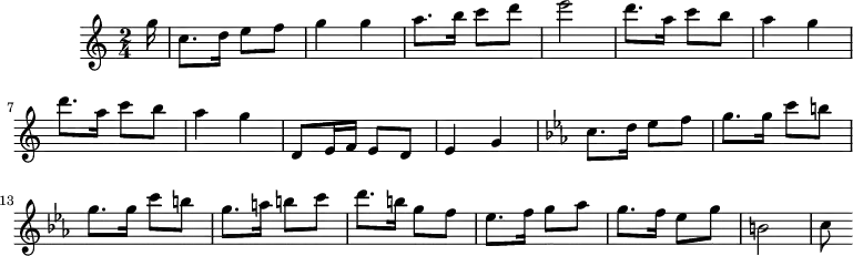 \version "2.18.2"
\header {
  tagline = ##f
}
\score {
  \new Staff \with {
  }
<<
  \relative c'' {
    \key c \major
    \time 2/4
    \override TupletBracket #'bracket-visibility = ##f 
    %\autoBeamOff
     %%% Pep Ventura, Per tú ploro (Sardane)
     \partial 16
     g'16 | c,8. d16 e8 f g4 g a8. b16 c8 d e2 | \repeat unfold 2 { d8. a16 c8 b a4 g }
     d,8 e16 f e8 d e4 g | 
     \key ees \major
     c8. d16 ees8 f \repeat unfold 2 { g8. g16 c8 b } g8. a16 b8 c | d8. b16 g8 f ees8. f16 g8 aes g8. f16 ees8 g b,2 | c8
  }
>>
  \layout {
     \context { \Score \remove "Metronome_mark_engraver" }
  }
  \midi { \tempo 4 = 120 }
}