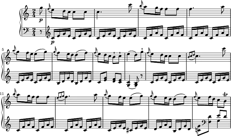 \version "2.18.2"
\header {
  tagline = ##f
}
upper = \relative c'' {
         \clef "treble" 
         \tempo "Allegretto grazioso"
         \key c  \major
         \time 2/4 
         \tempo 4 = 90
       \partial 8 g'8\p
       \grace f16 (e8) d16 c c8 c
       c4. c'8
       \grace b16 (a8) g16 f f8 f
        f4. a8
       \grace a16 (g8) f16 e e8 (g)
       \grace g16 (f8) e16 d d8 (f)
        \grace f16 (e8) d16 c b8-! c-!
        e4 (d8) g-!
       \grace f16 (e8) d16 c c8 c
       \grace{b (c d}  c4.) c'8
       \grace b16 (a8) g16 f f8 f
        \grace{e (f g} f4.) a8
       \grace a16 (g8) f16 e e8 (g)
       \grace g16 (f8) e16 d d8 (f)
        \grace f16 (e8) f16 d c8 b\trill
       
}
lower =\relative c' {      
         \clef "bass" 
         \key c \major
         \time 2/4 
\set Staff.midiMinimumVolume = #0.2 
\set Staff.midiMaximumVolume = #0.4
       \partial 8 r8
        \clef "treble"
        c16\p e g e
        \repeat unfold 3 {  c16 e g e }
        \repeat unfold 4 {  c f a f} 
         \repeat unfold 2 {  c e g e }
         \repeat unfold 2 {  b d g d }
         c8 <e g> <d f> <c e>
         <g c>4 (<g b>8) r8
         \repeat unfold 4 {  c16 e g e }
         \repeat unfold 4 {  c f a f}
         c16 e g e cis16 e g e
          d f a f b, d g d
         <c! g'>8  \clef "bass"  <f, d'> <<{e'8 d} \\ {g,4}>>
} 
\score {
  \new PianoStaff <<
    \new Staff = "upper" \upper
    \new Staff = "lower" \lower
  >>
  \layout {
    \context {
      \Score
      \remove "Metronome_mark_engraver"
    }
  }
  \midi { }
}