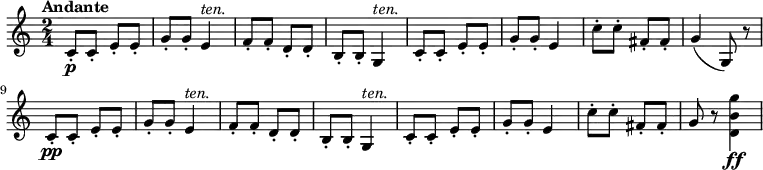 \relative c' {
    \version "2.18.2"
     \key c \major
     \time 2/4
     \tempo "Andante"
     \tempo 4 = 70
  \set Staff.midiMinimumVolume = #0.2 \set Staff.midiMaximumVolume = #0.5
  c8-.\p  c-. e-. e-. g-. g-. e4 ^ \markup{\italic {ten.}}
  f8-. f-. d-. d-. b-. b-. g4 ^\markup{\italic {ten.}}
  c8-. c-. e-. e-. g-. g-. e4
  c'8-. c-. fis,-. fis-.
  g4 (g,8) r
  \set Staff.midiMinimumVolume = #0.1 \set Staff.midiMaximumVolume = #0.4
  c8-.\pp  c-. e-. e-. g-. g-. e4 ^ \markup{\italic {ten.}}
  f8-. f-. d-. d-. b-. b-. g4 ^\markup{\italic {ten.}}
  c8-. c-. e-. e-. g-. g-. e4
  c'8-. c-. fis,-. fis-.
  g r 
  \set Staff.midiMinimumVolume = #0.6 \set Staff.midiMaximumVolume = #1
  <d b' g'>4 \ff
}